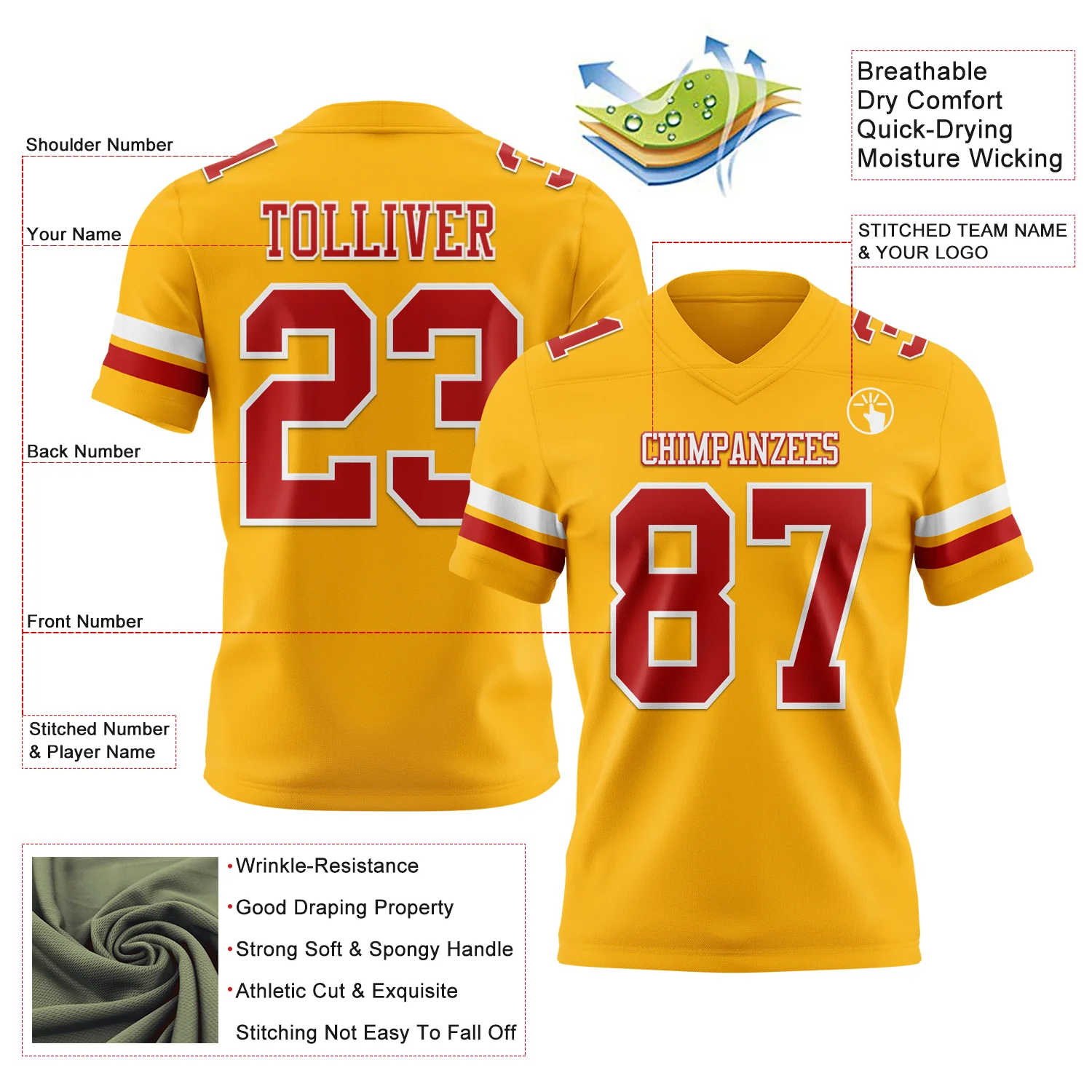 Custom Gold Red-White Authentic Football Jersey - Image 3
