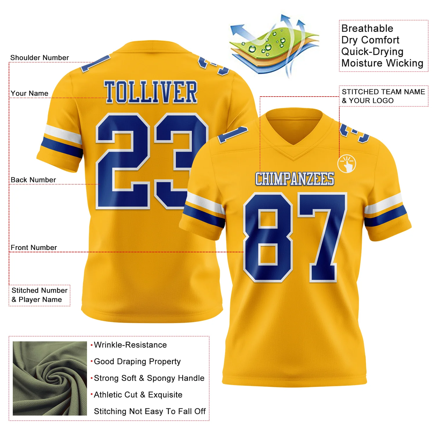 Custom Gold Royal-White Authentic Football Jersey - Image 3