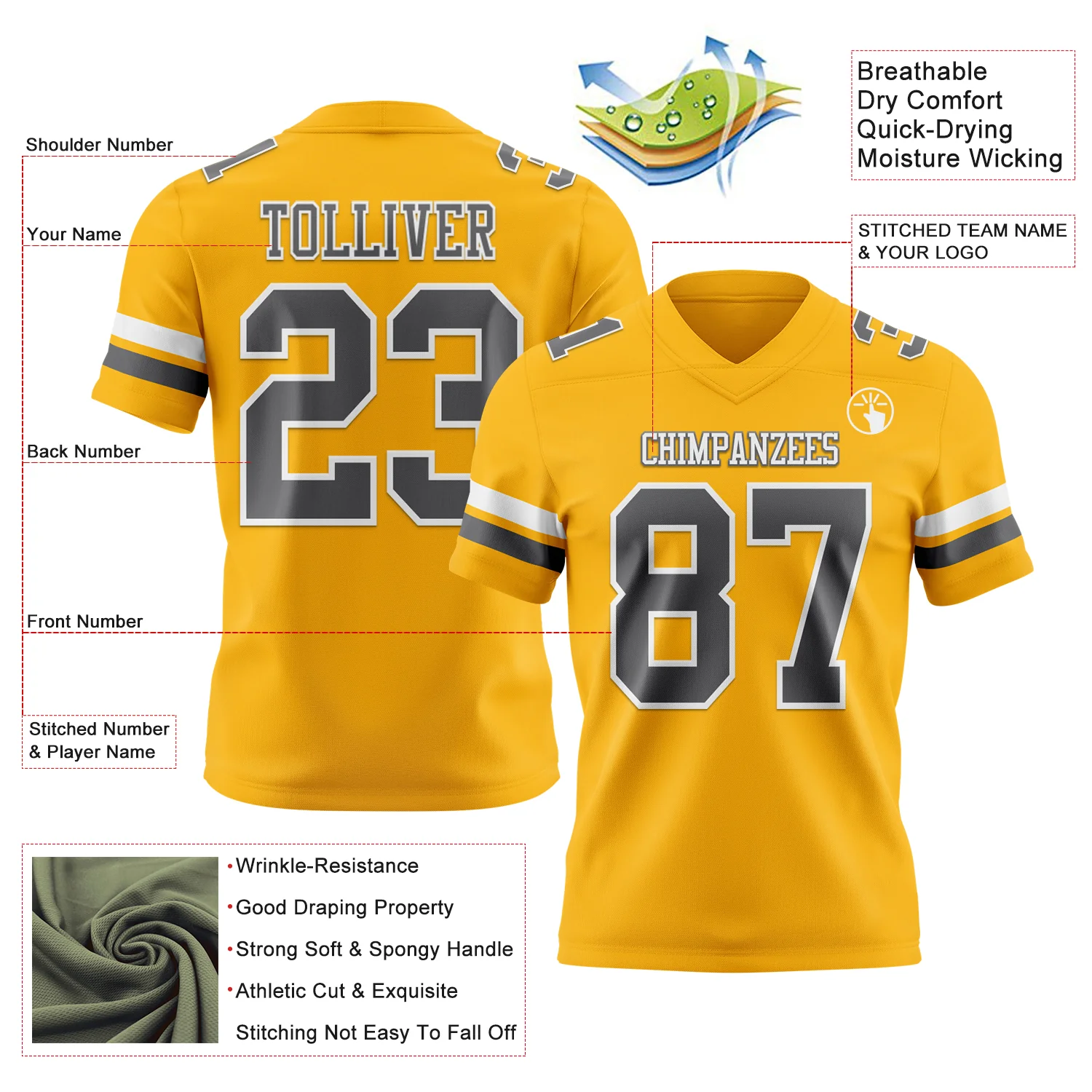 Custom Gold Steel Gray-White Authentic Football Jersey - Image 3