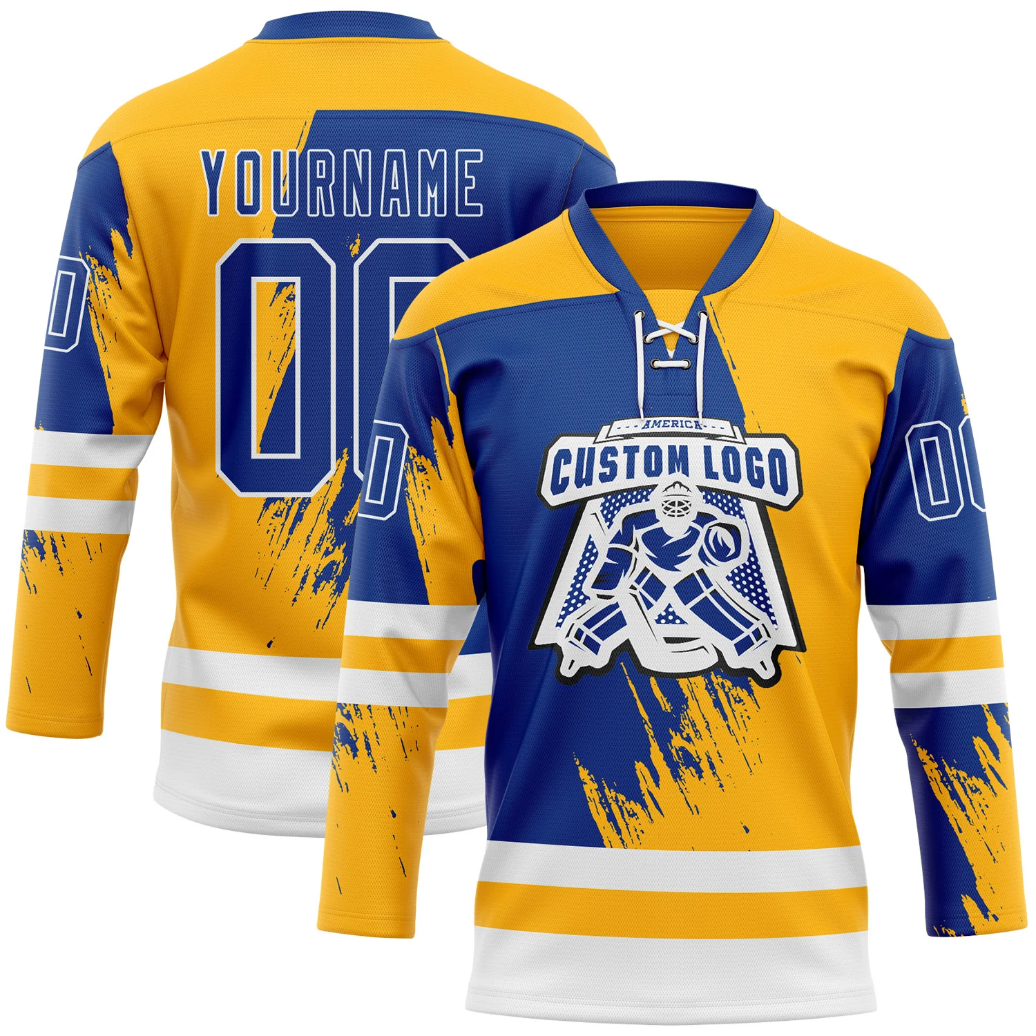 Custom Gold Royal-White Abstract Splatter Paint Hockey Lace Neck Jersey - Image 2