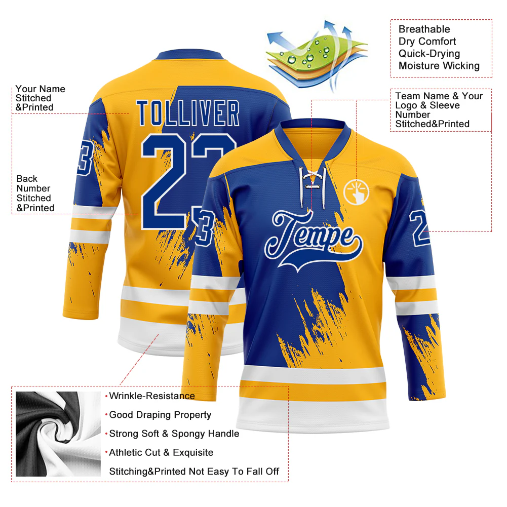 Custom Gold Royal-White Abstract Splatter Paint Hockey Lace Neck Jersey - Image 5