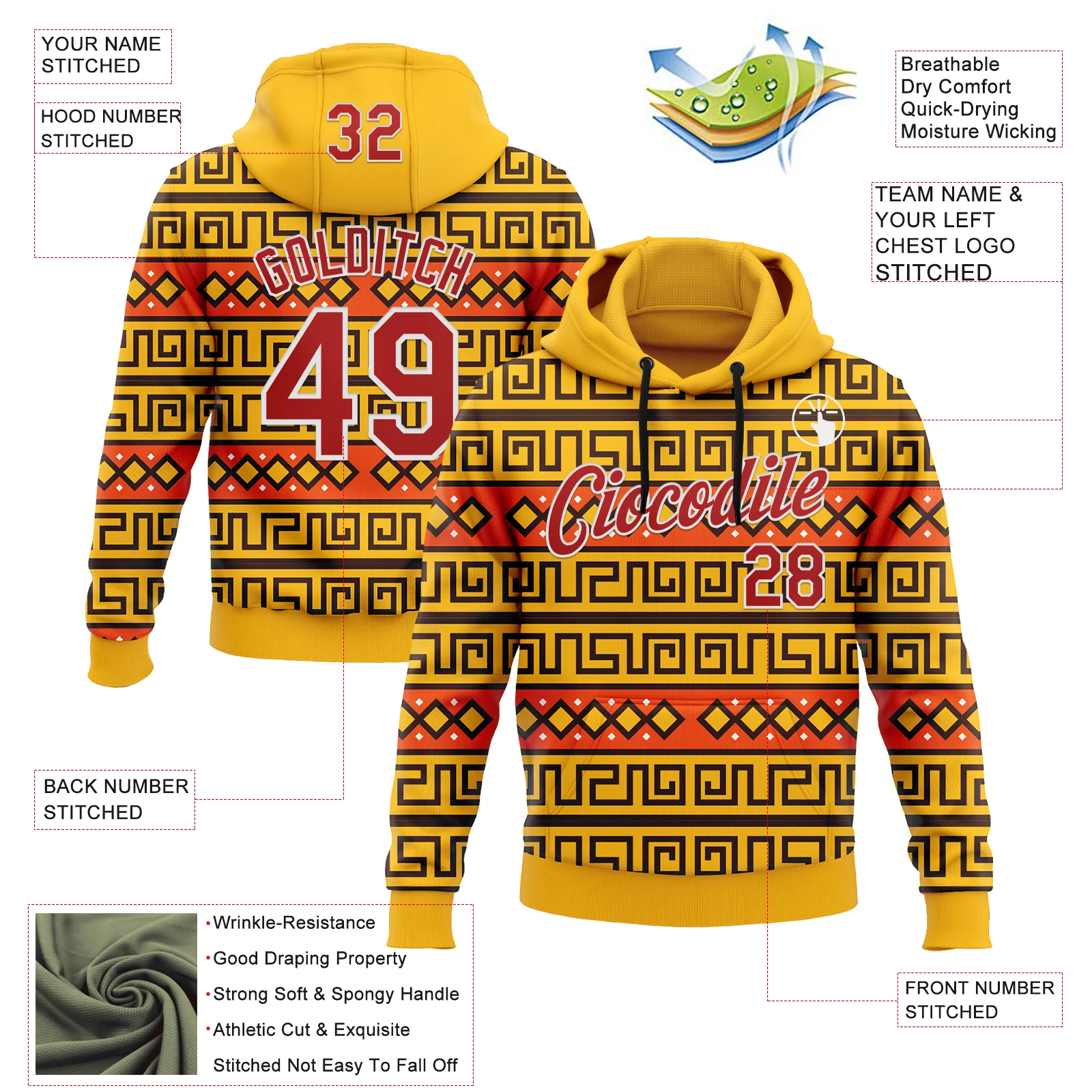Custom Stitched Gold Red-White 3D Pattern Design Tribal Ethnic Native American Sports Pullover Sweatshirt Hoodie - Image 2