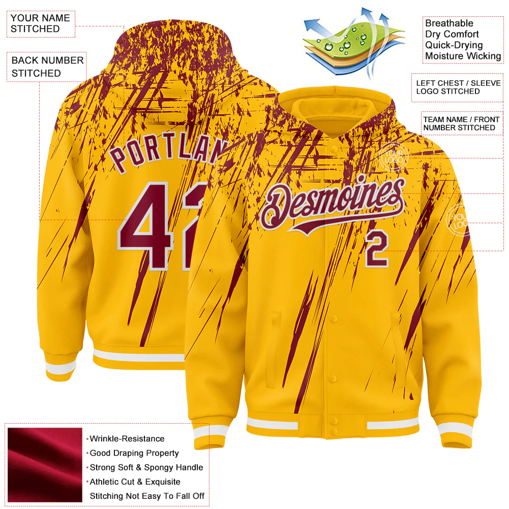 Custom Gold Crimson-White Splash Bomber Full-Snap Varsity Letterman Hoodie Jacket - Image 4