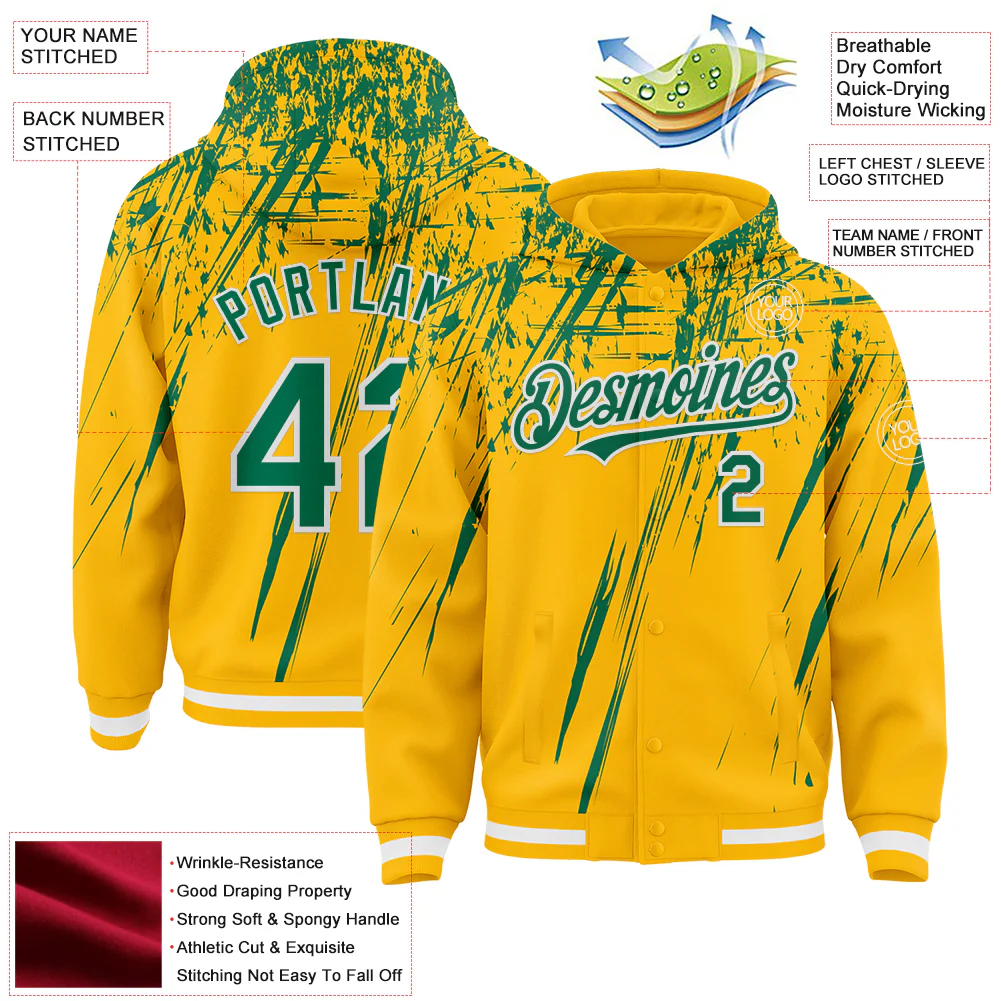 Custom Gold Kelly Green-White Splash Bomber Full-Snap Varsity Letterman Hoodie Jacket - Image 4