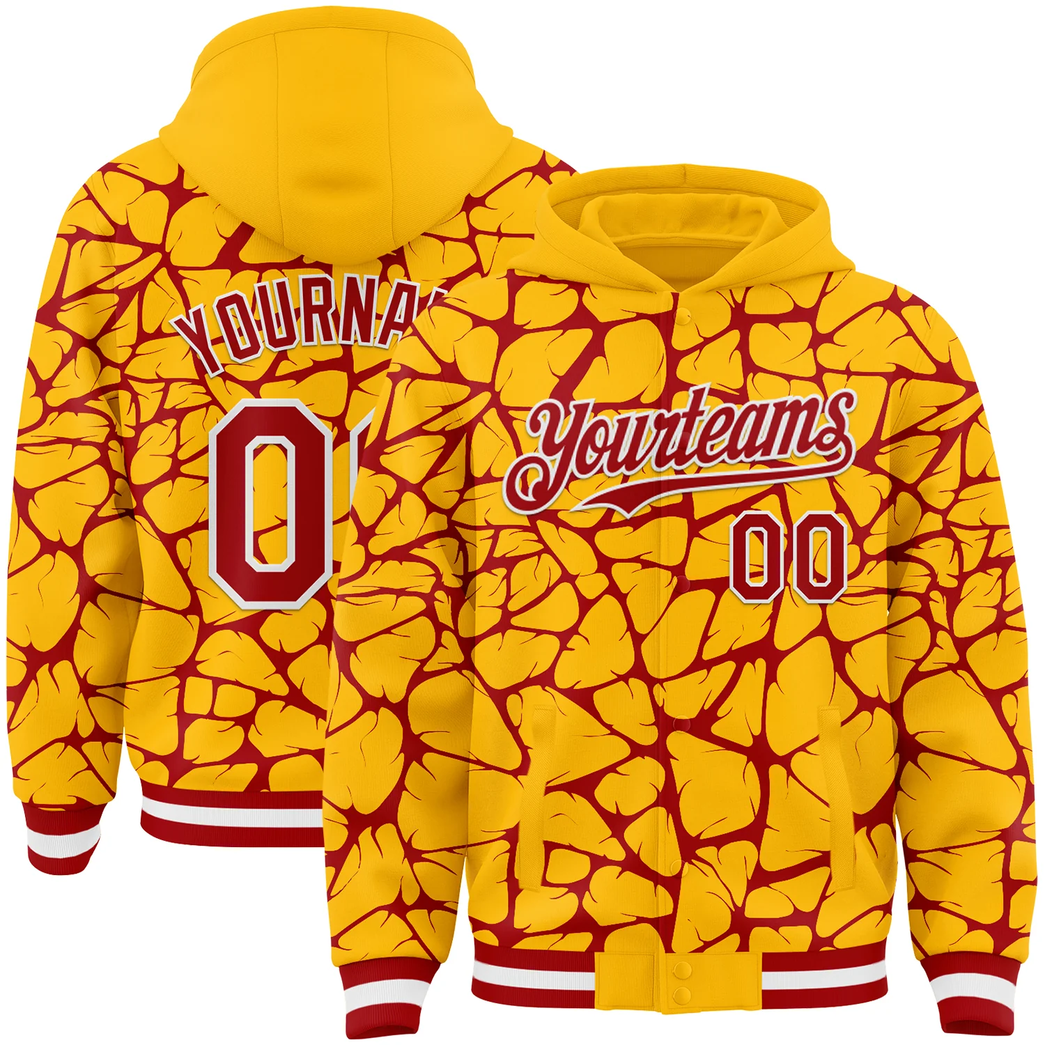 Custom Gold Red-White Abstract Network Bomber Full-Snap Varsity Letterman Hoodie Jacket