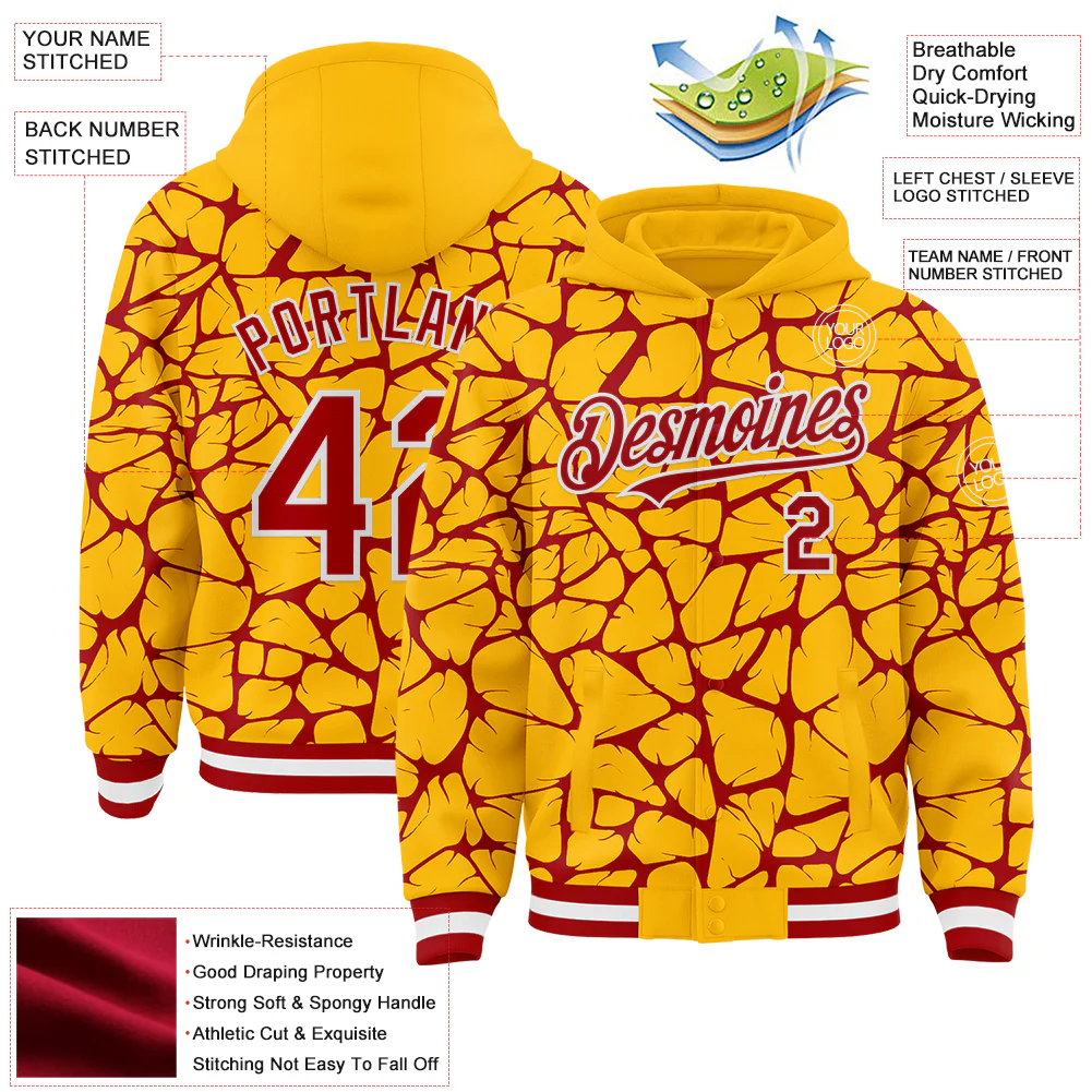 Custom Gold Red-White Abstract Network Bomber Full-Snap Varsity Letterman Hoodie Jacket - Image 4