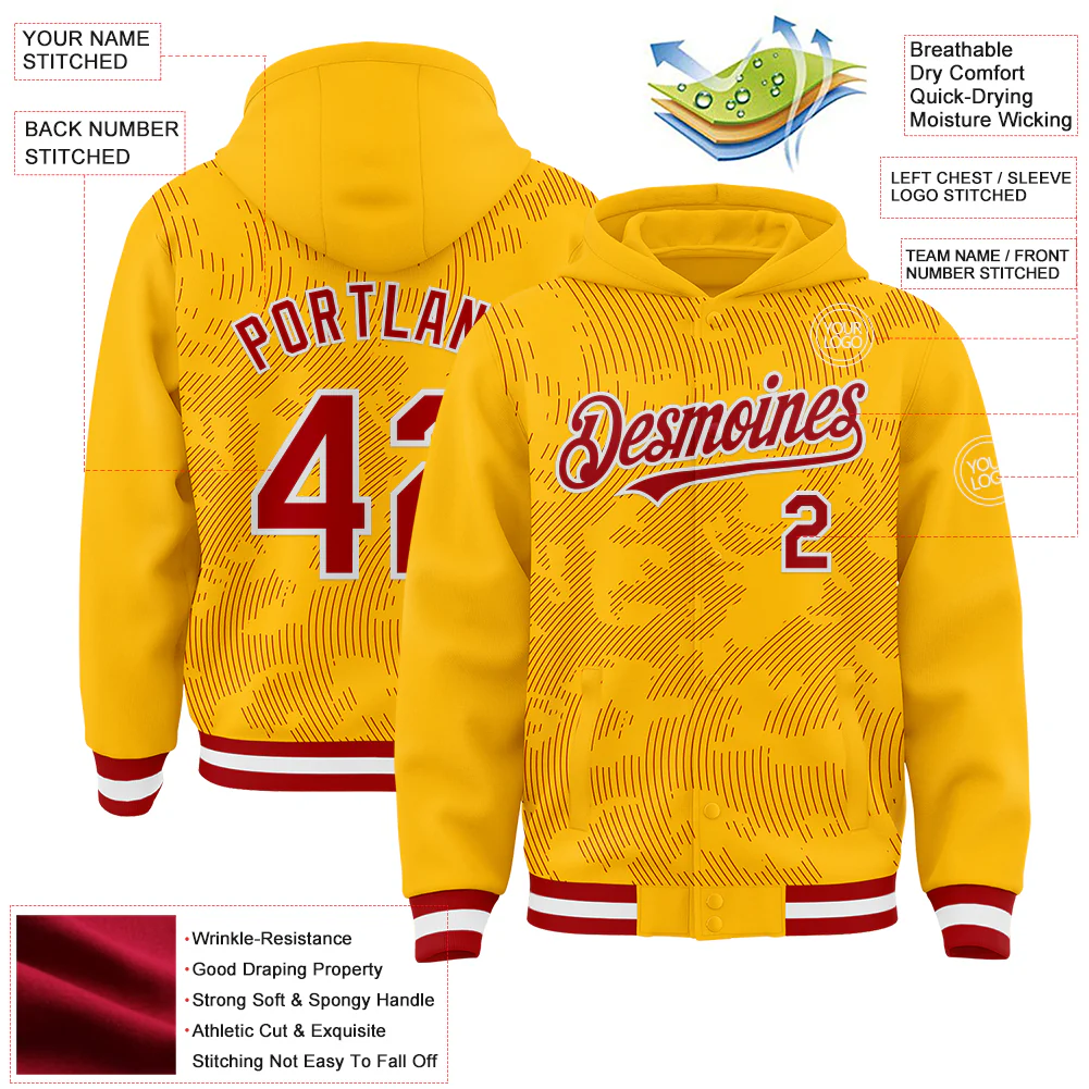 Custom Gold Red-White Curve Lines Bomber Full-Snap Varsity Letterman Hoodie Jacket - Image 4