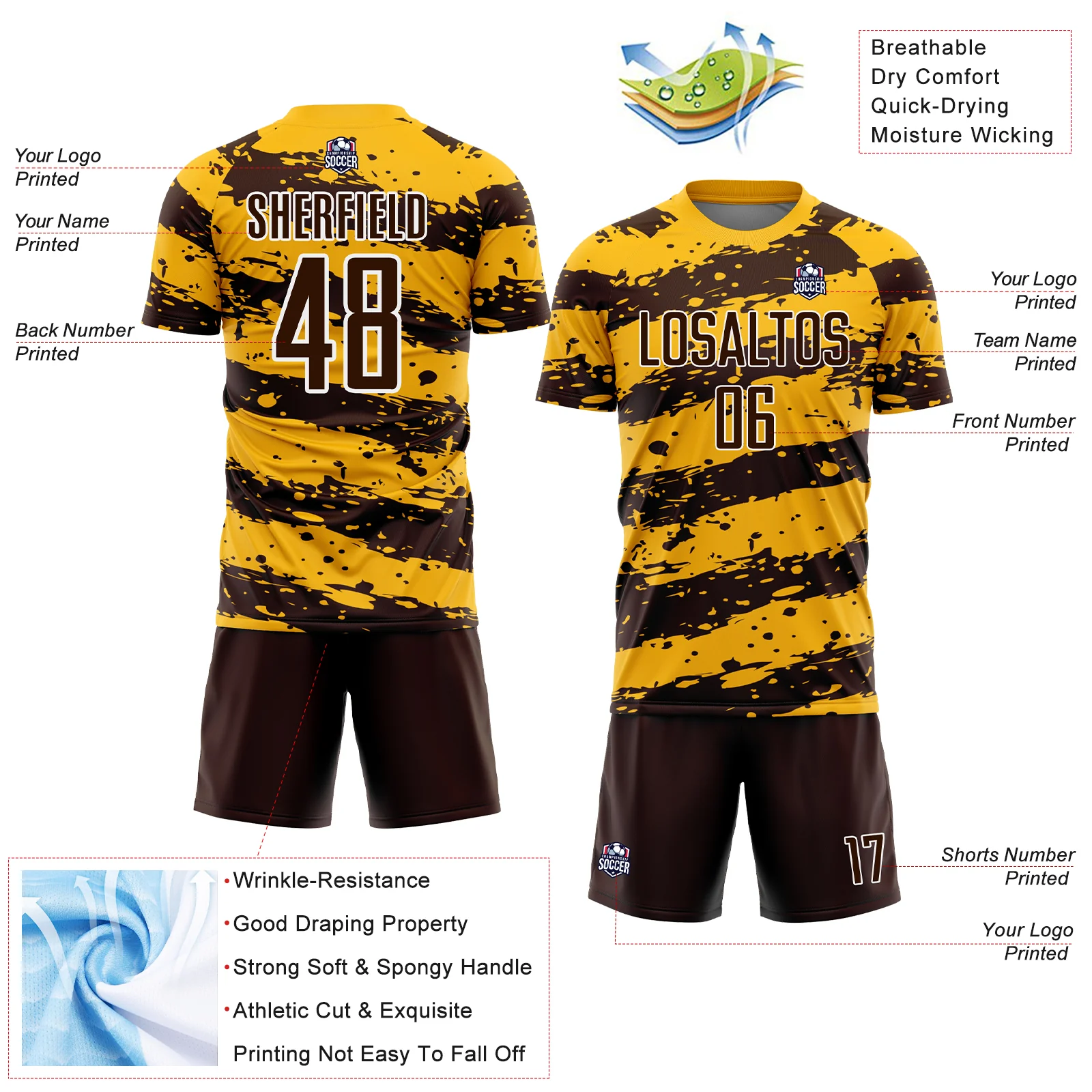 Custom Gold Brown-White Splash Sublimation Soccer Uniform Jersey - Image 4
