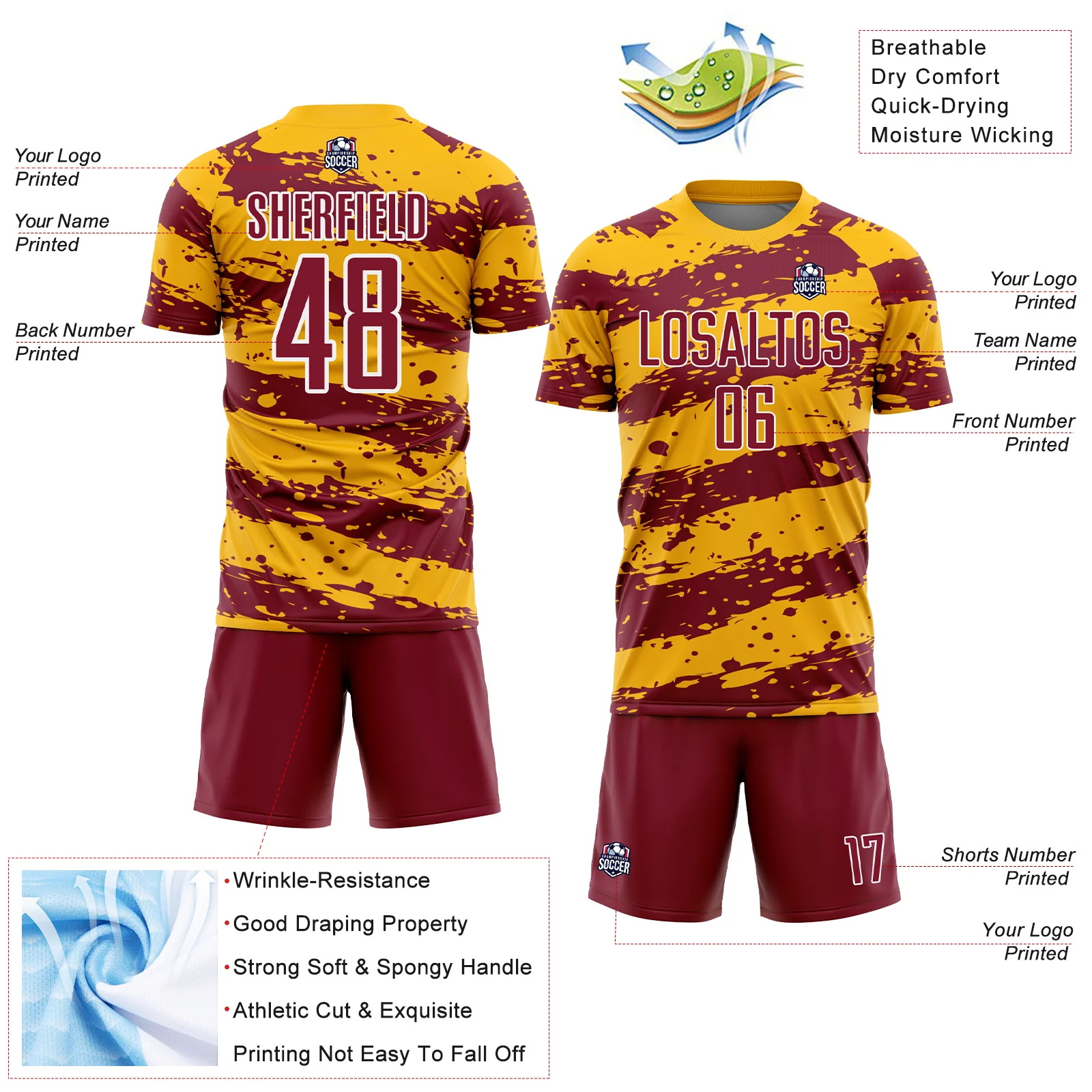 Custom Gold Crimson-White Splash Sublimation Soccer Uniform Jersey - Image 4