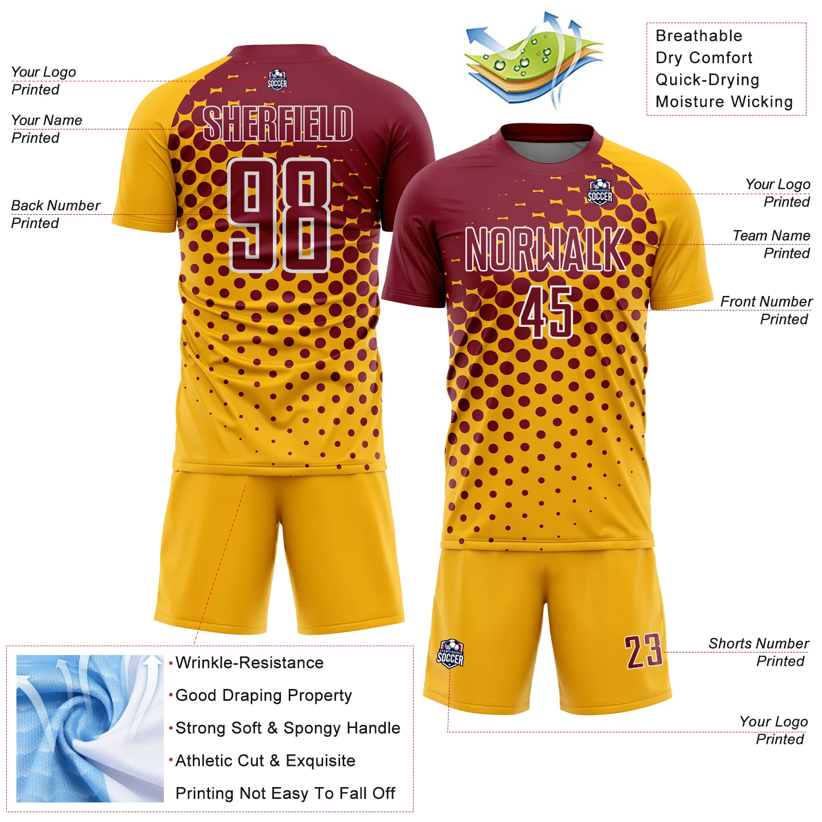 Custom Gold Crimson-White Modern Polka Dot Sublimation Soccer Uniform Jersey - Image 4