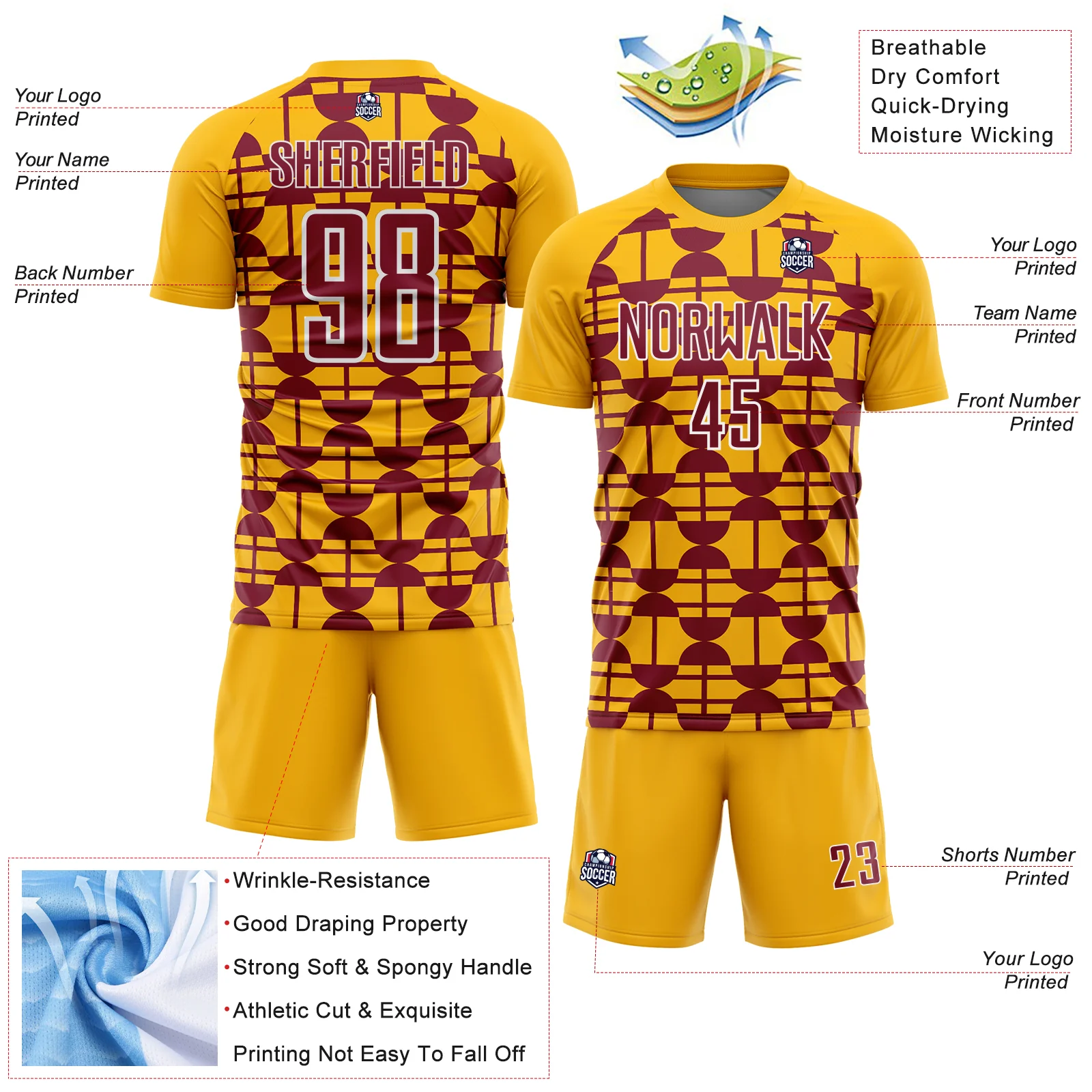 Custom Gold Crimson-White Geometric Shapes Sports Sublimation Soccer Uniform Jersey - Image 4