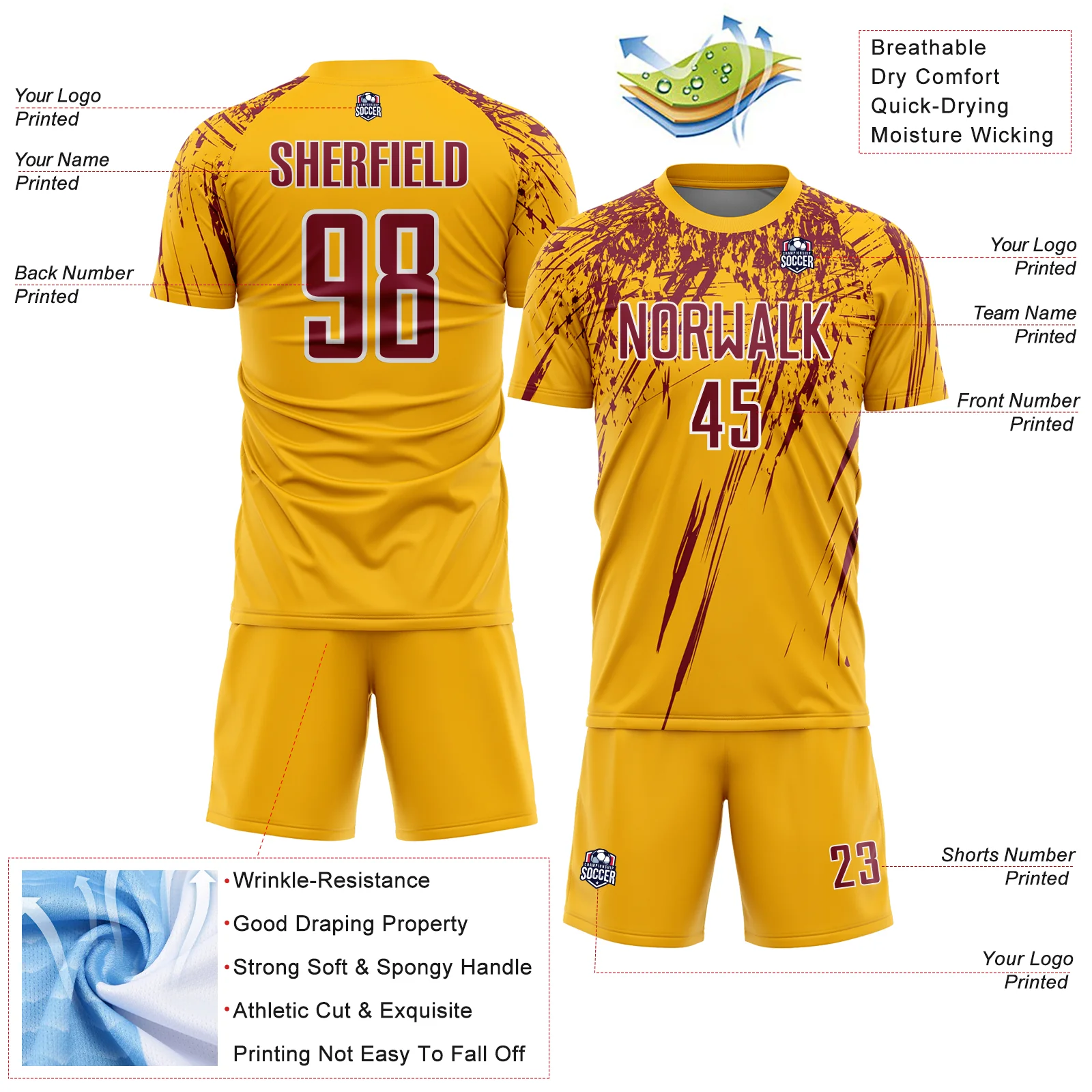 Custom Gold Crimson-White Splash Sports Sublimation Soccer Uniform Jersey - Image 4
