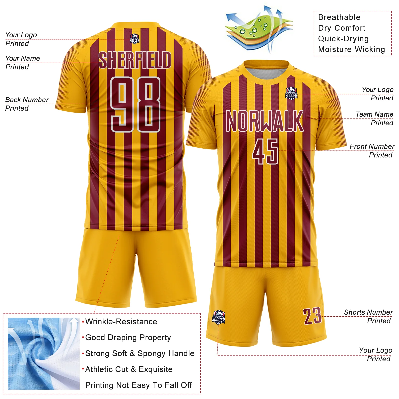 Custom Gold Crimson-White Stripe Sports Sublimation Soccer Uniform Jersey - Image 4