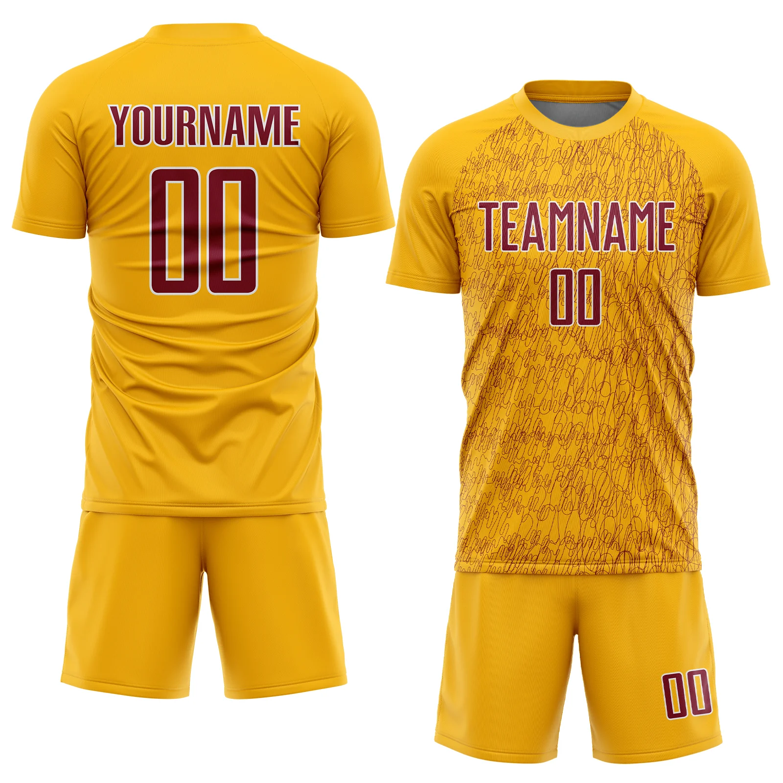 Custom Gold Crimson-White Abstract Scribble Curve Line Pattern Sports Sublimation Soccer Uniform Jersey - Image 2