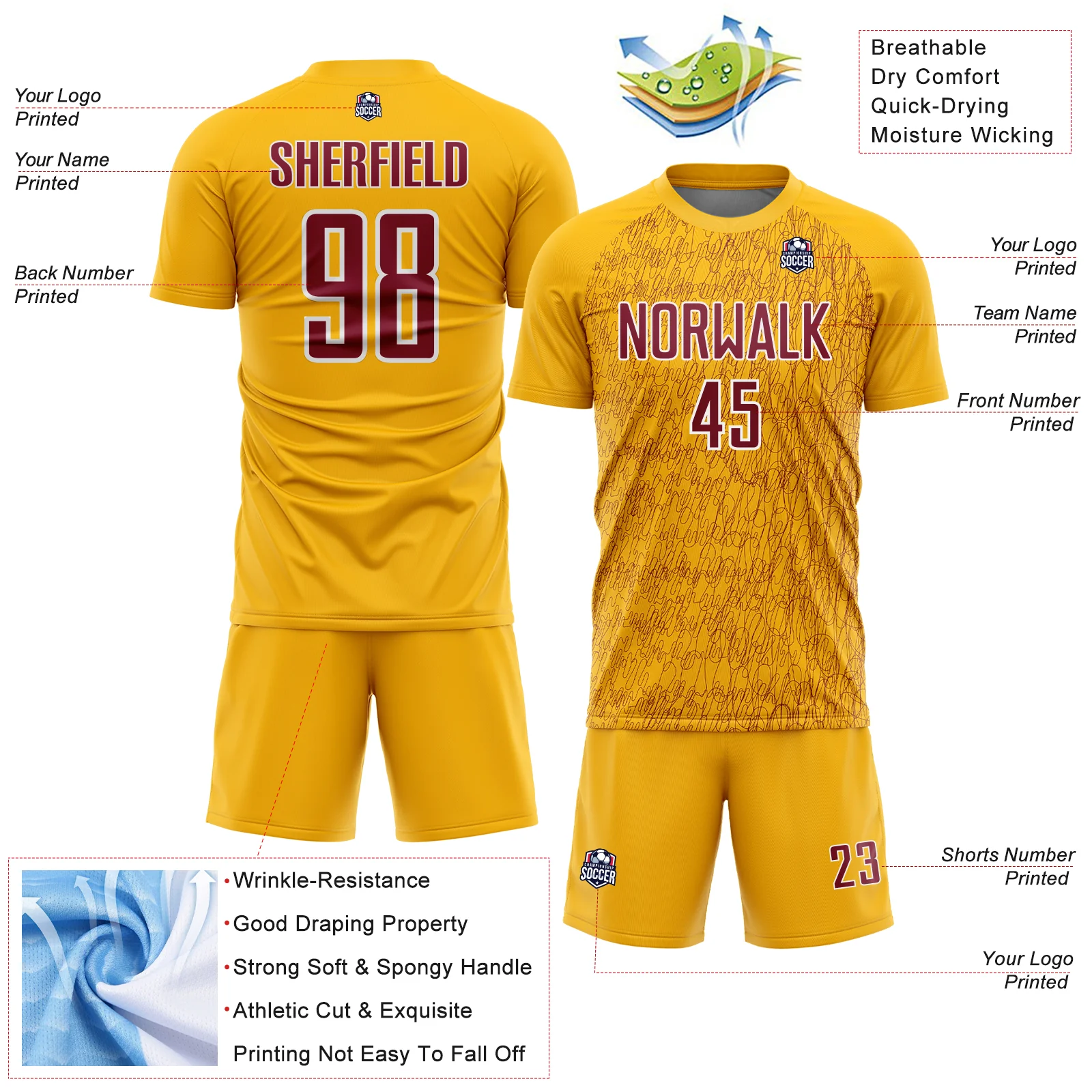 Custom Gold Crimson-White Abstract Scribble Curve Line Pattern Sports Sublimation Soccer Uniform Jersey - Image 4