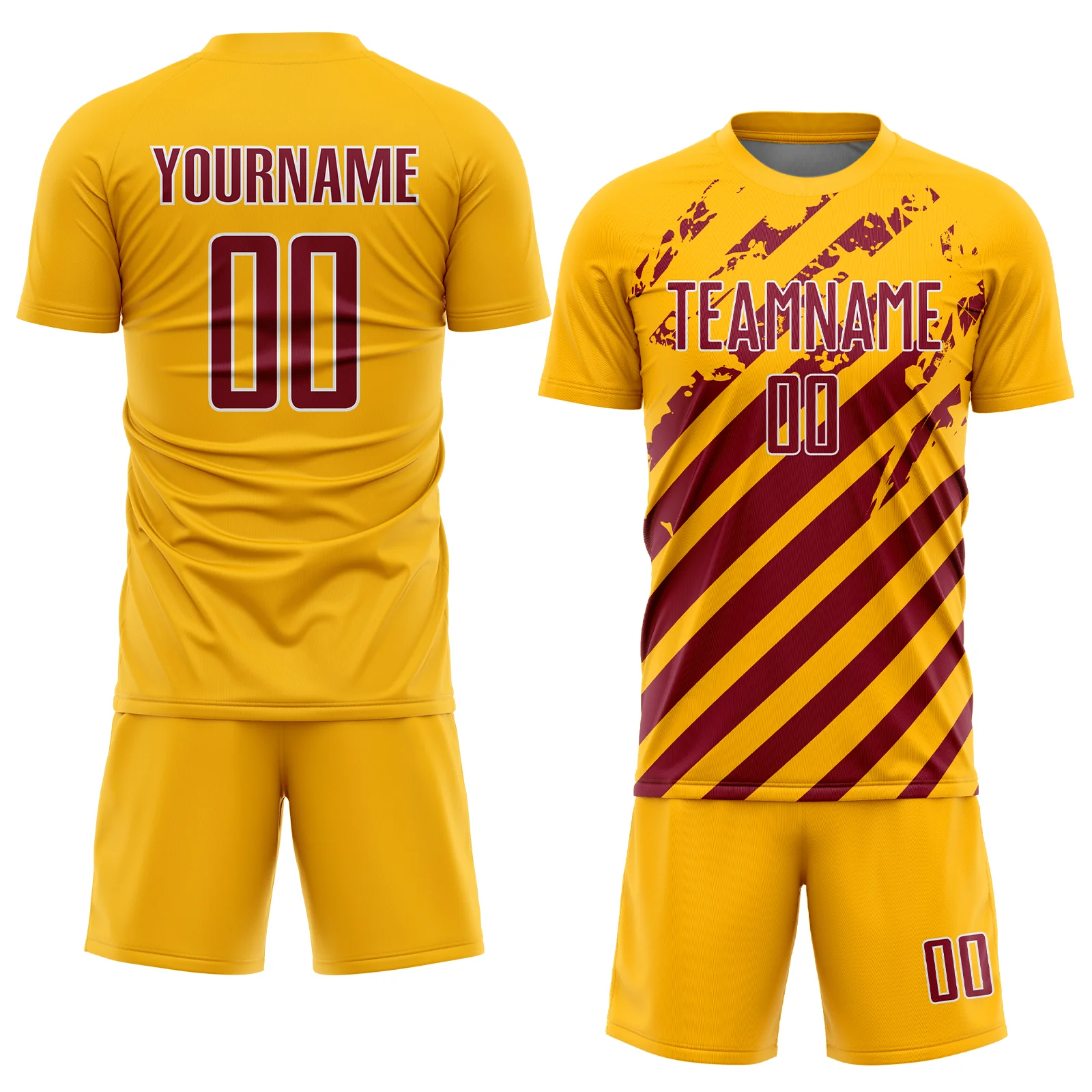 Custom Gold Crimson-White Distressed Diagonal Stripe Pattern Sports Sublimation Soccer Uniform Jersey - Image 2