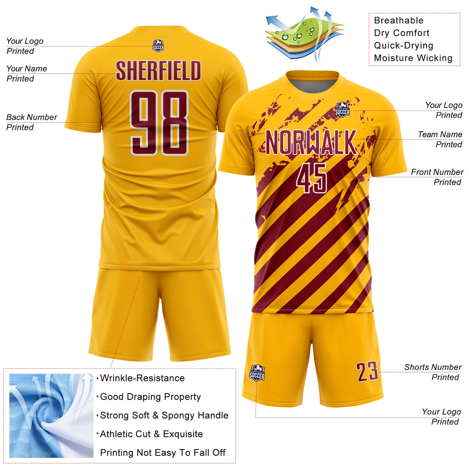 Custom Gold Crimson-White Distressed Diagonal Stripe Pattern Sports Sublimation Soccer Uniform Jersey - Image 4