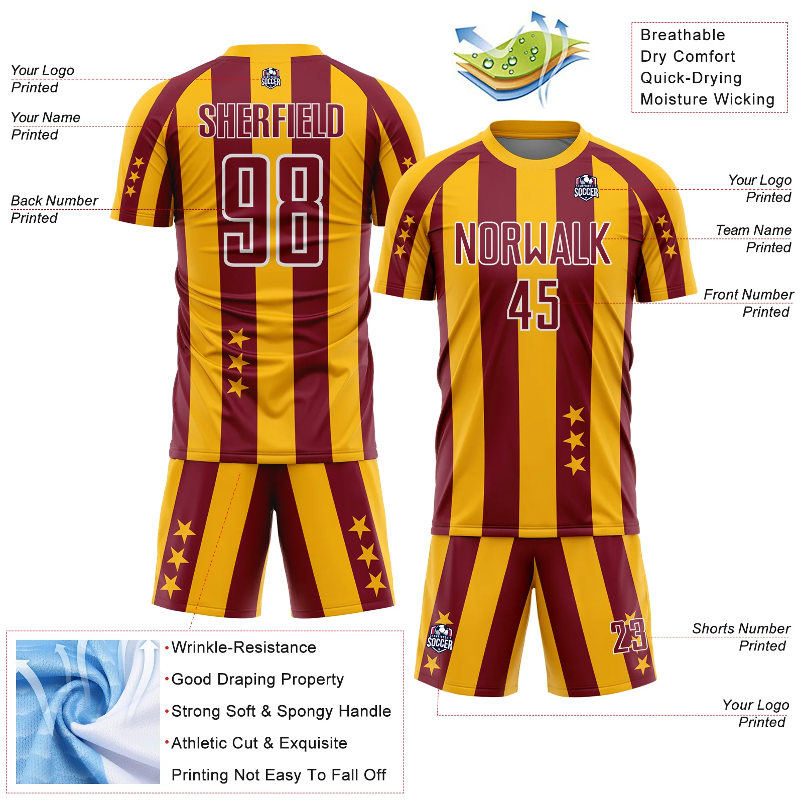 Custom Gold Crimson-White Stars And Stripes Sports Sublimation Soccer Uniform Jersey - Image 4