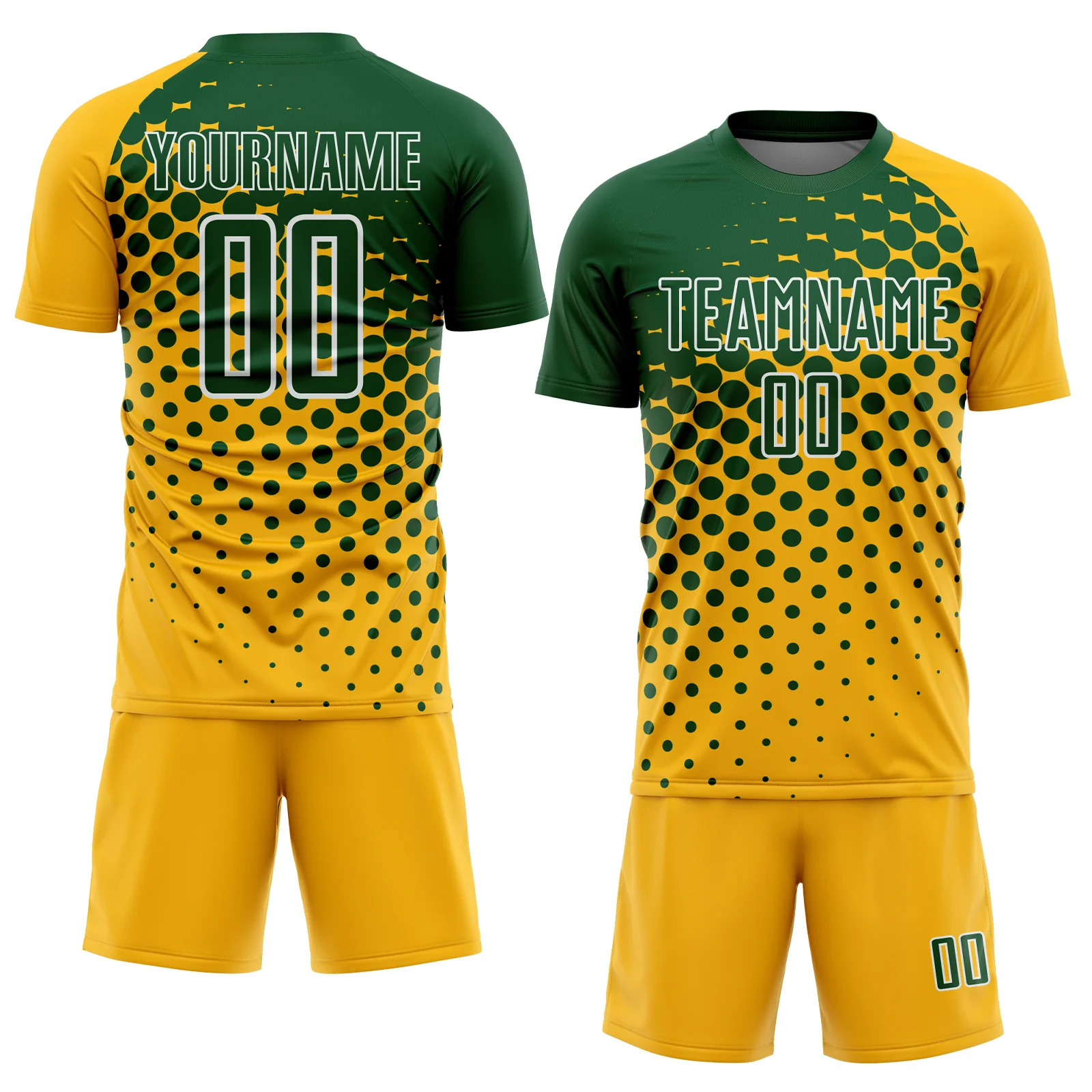 Custom Gold Green-White Modern Polka Dot Sublimation Soccer Uniform Jersey - Image 2