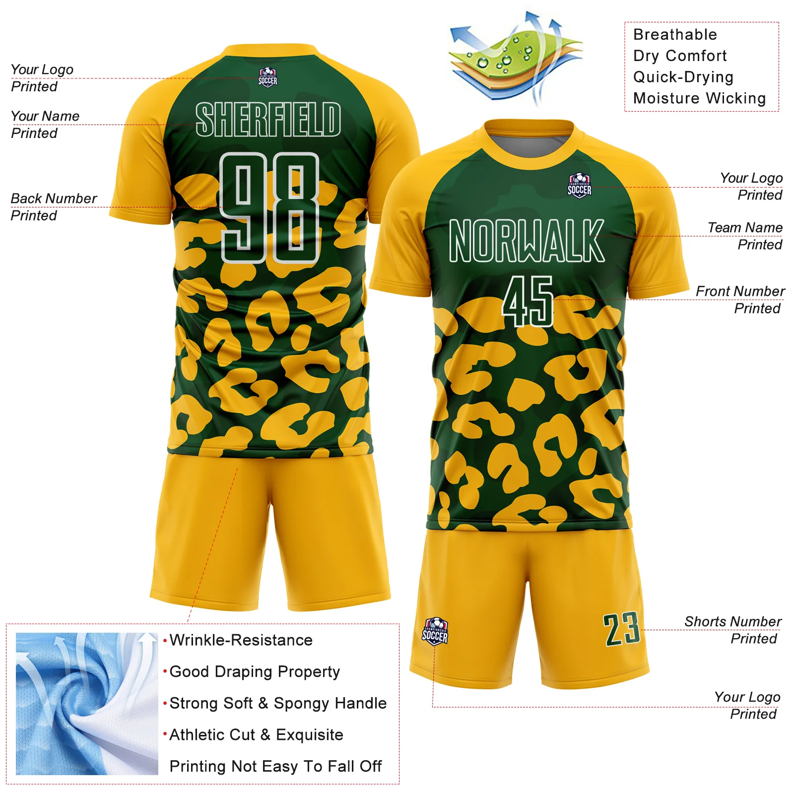 Custom Gold Green-White Animal Leopard Print Sports Sublimation Soccer Uniform Jersey - Image 4