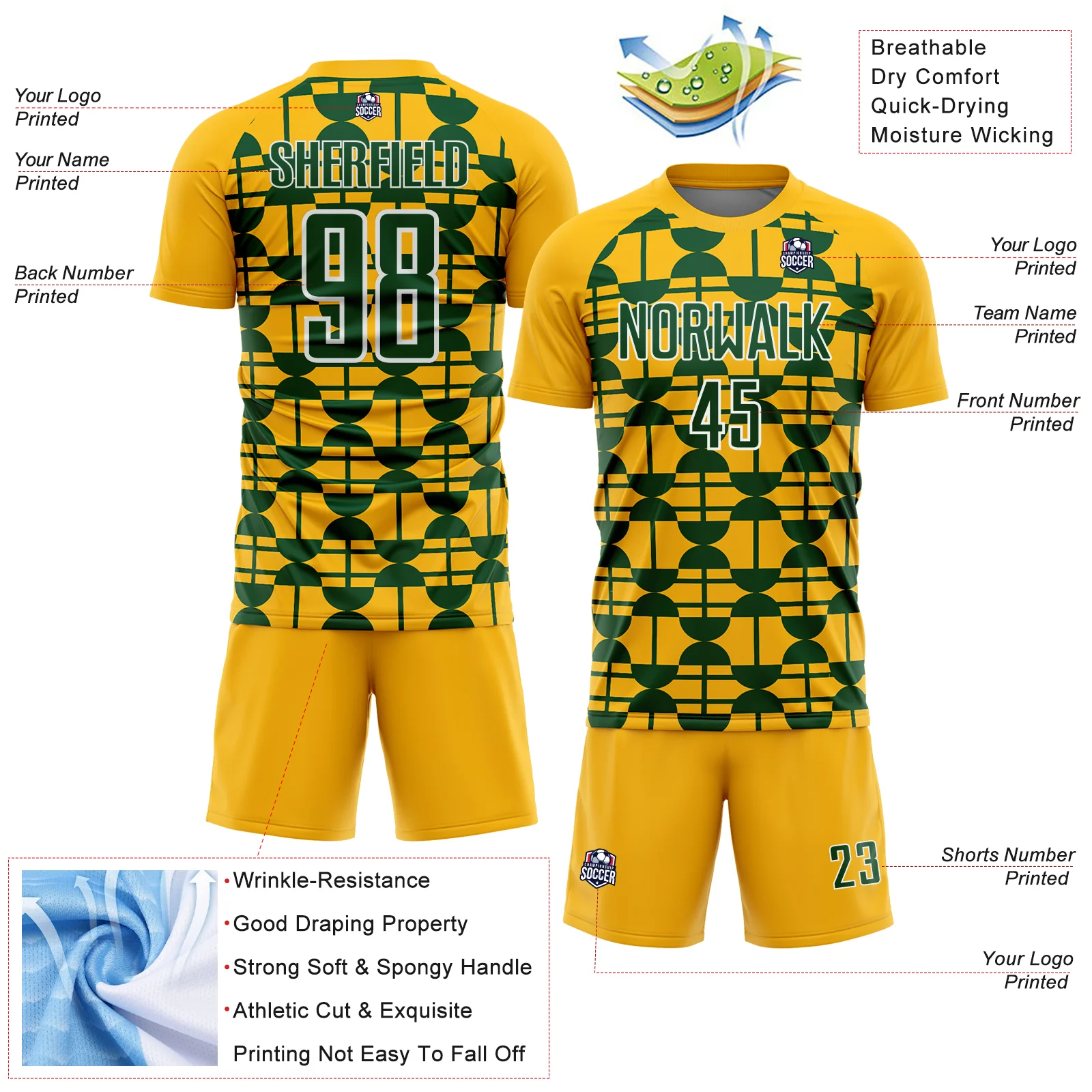 Custom Gold Green-White Geometric Shapes Sports Sublimation Soccer Uniform Jersey - Image 4