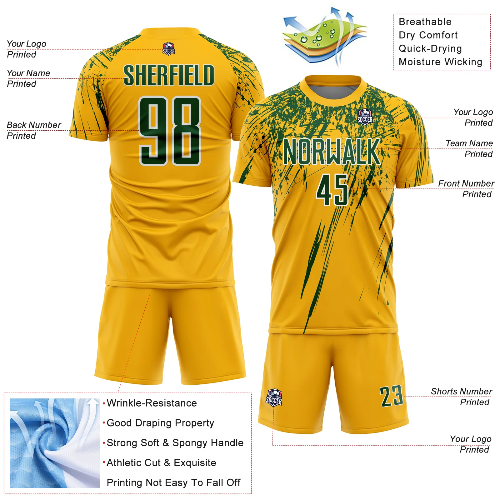 Custom Gold Green-White Splash Sports Sublimation Soccer Uniform Jersey - Image 4