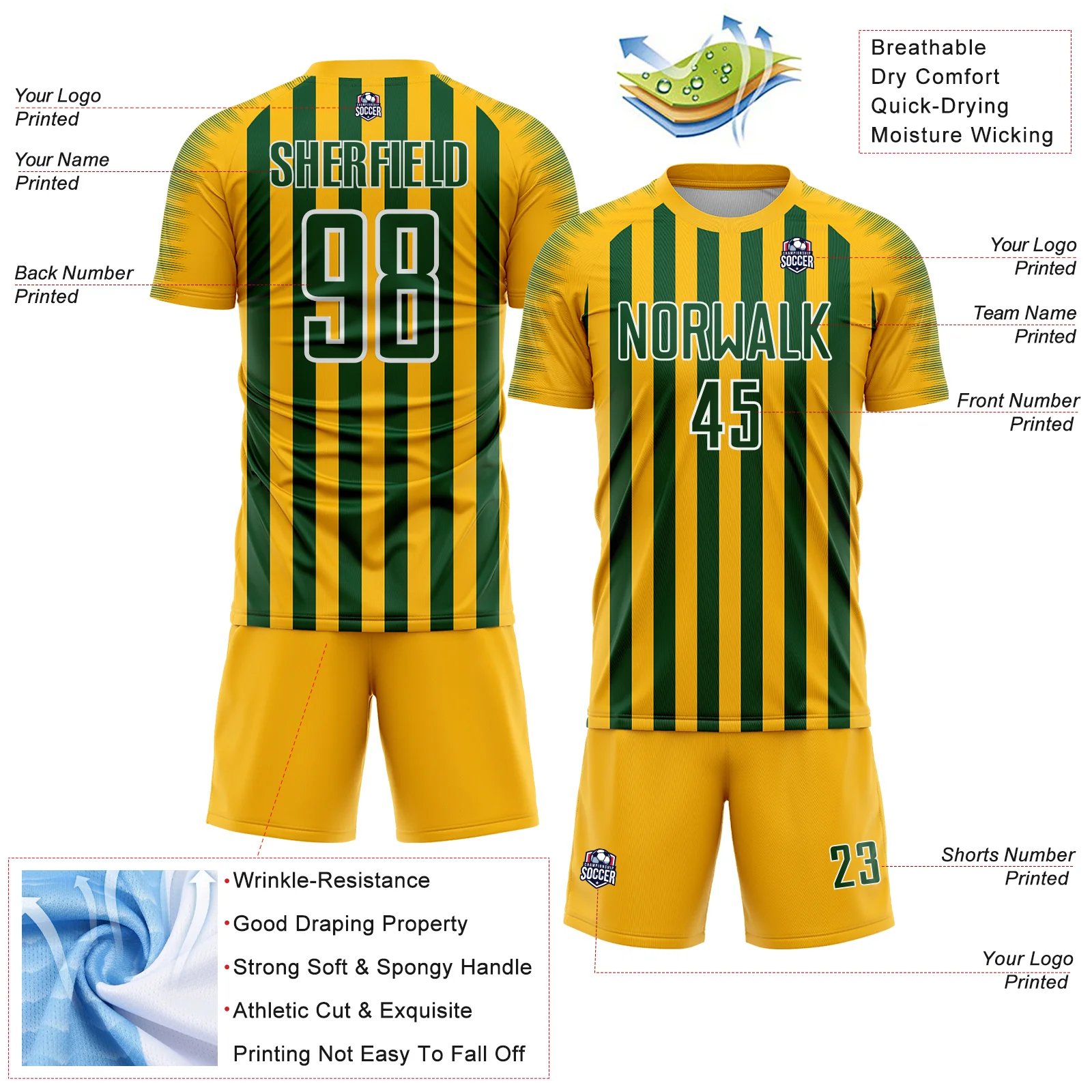 Custom Gold Green-White Stripe Sports Sublimation Soccer Uniform Jersey - Image 4
