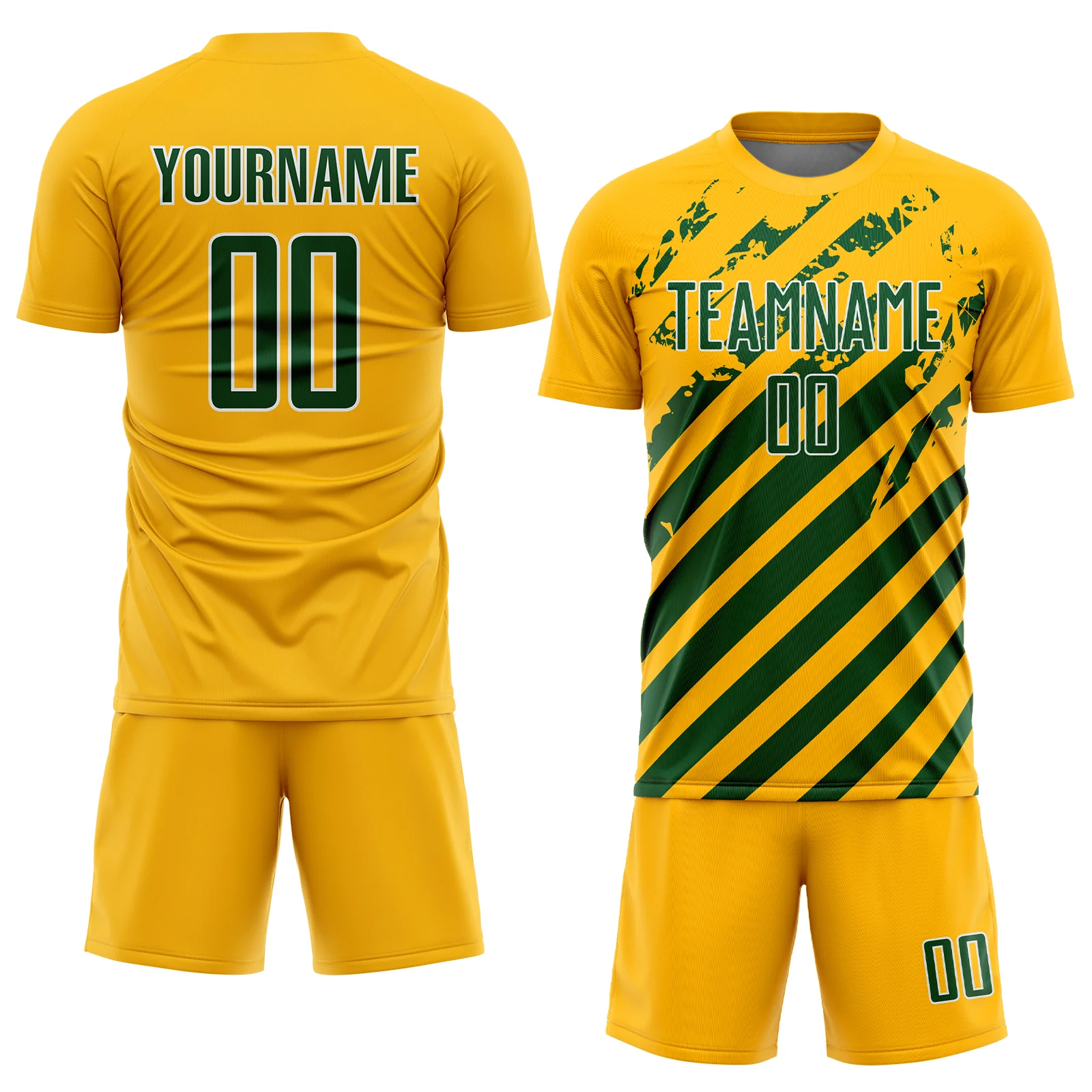 Custom Gold Green-White Distressed Diagonal Stripe Pattern Sports Sublimation Soccer Uniform Jersey - Image 2