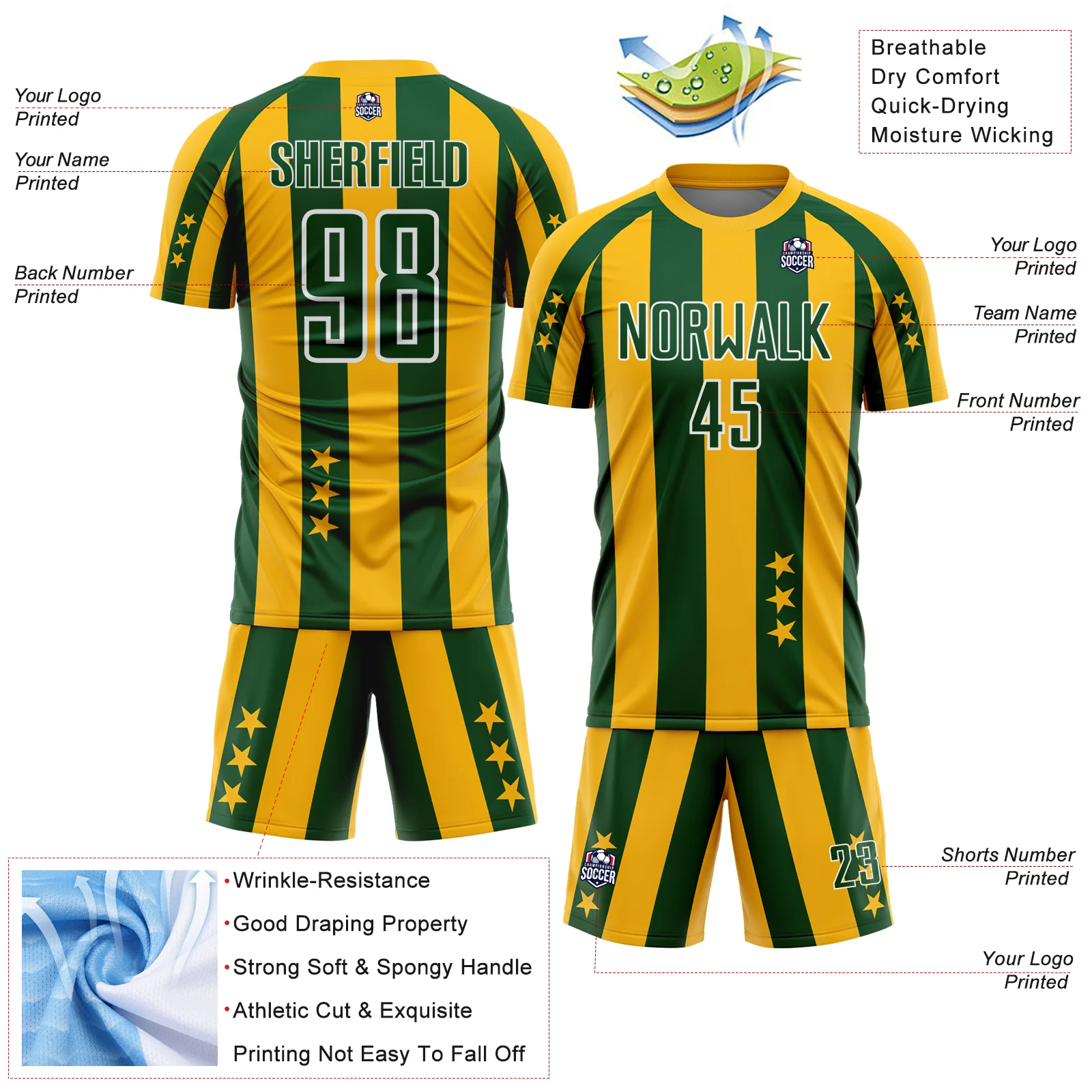 Custom Gold Green-White Stars And Stripes Sports Sublimation Soccer Uniform Jersey - Image 4