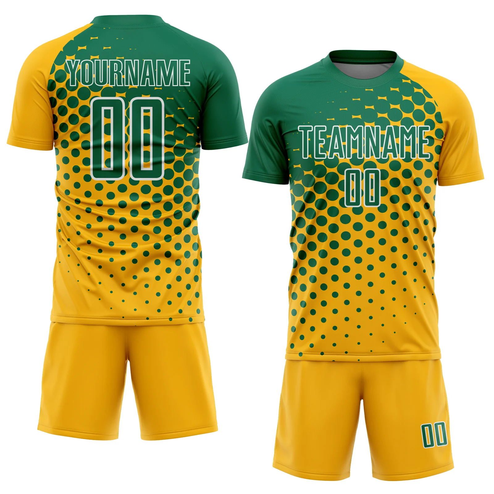 Custom Gold Kelly Green-White Modern Polka Dot Sublimation Soccer Uniform Jersey - Image 2