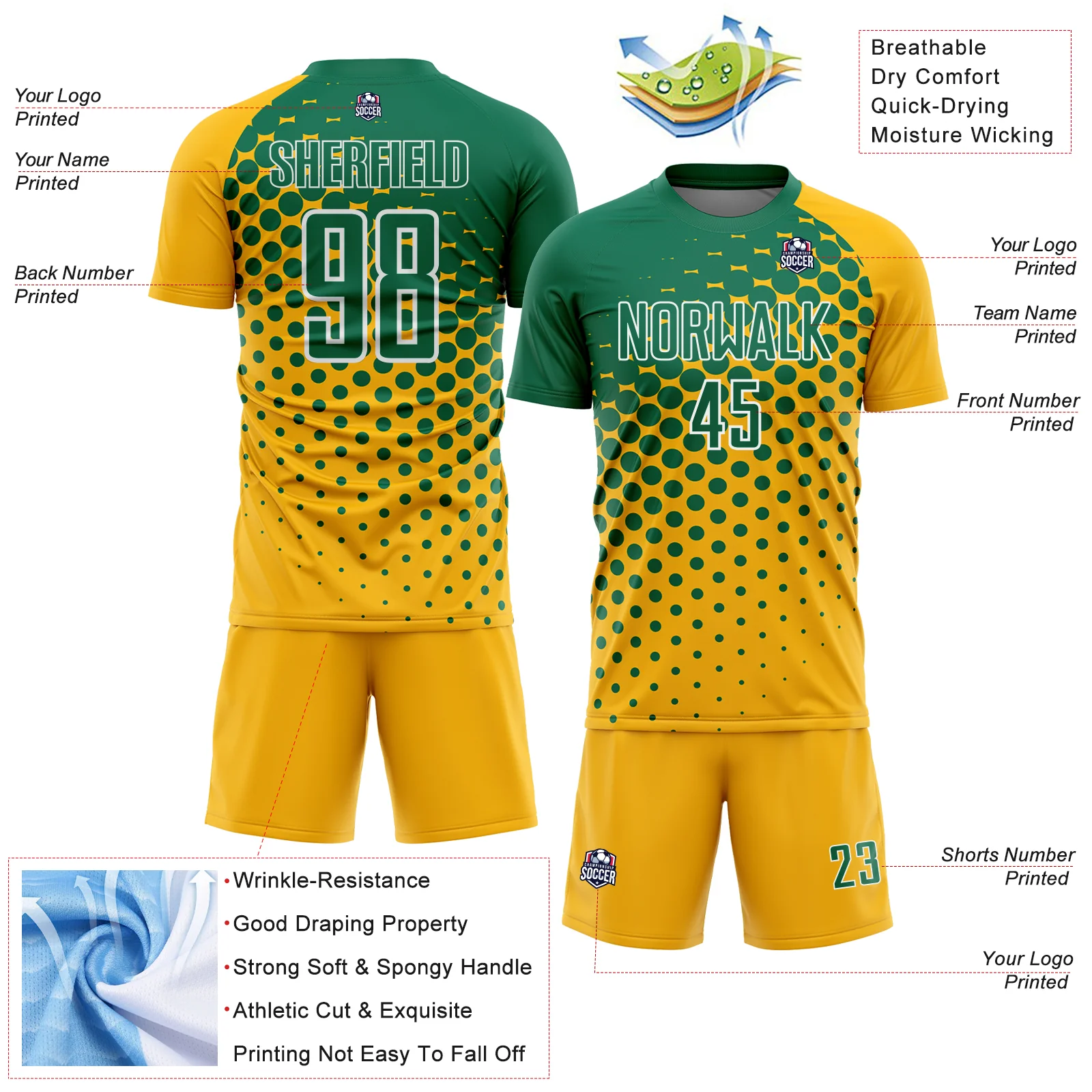 Custom Gold Kelly Green-White Modern Polka Dot Sublimation Soccer Uniform Jersey - Image 4