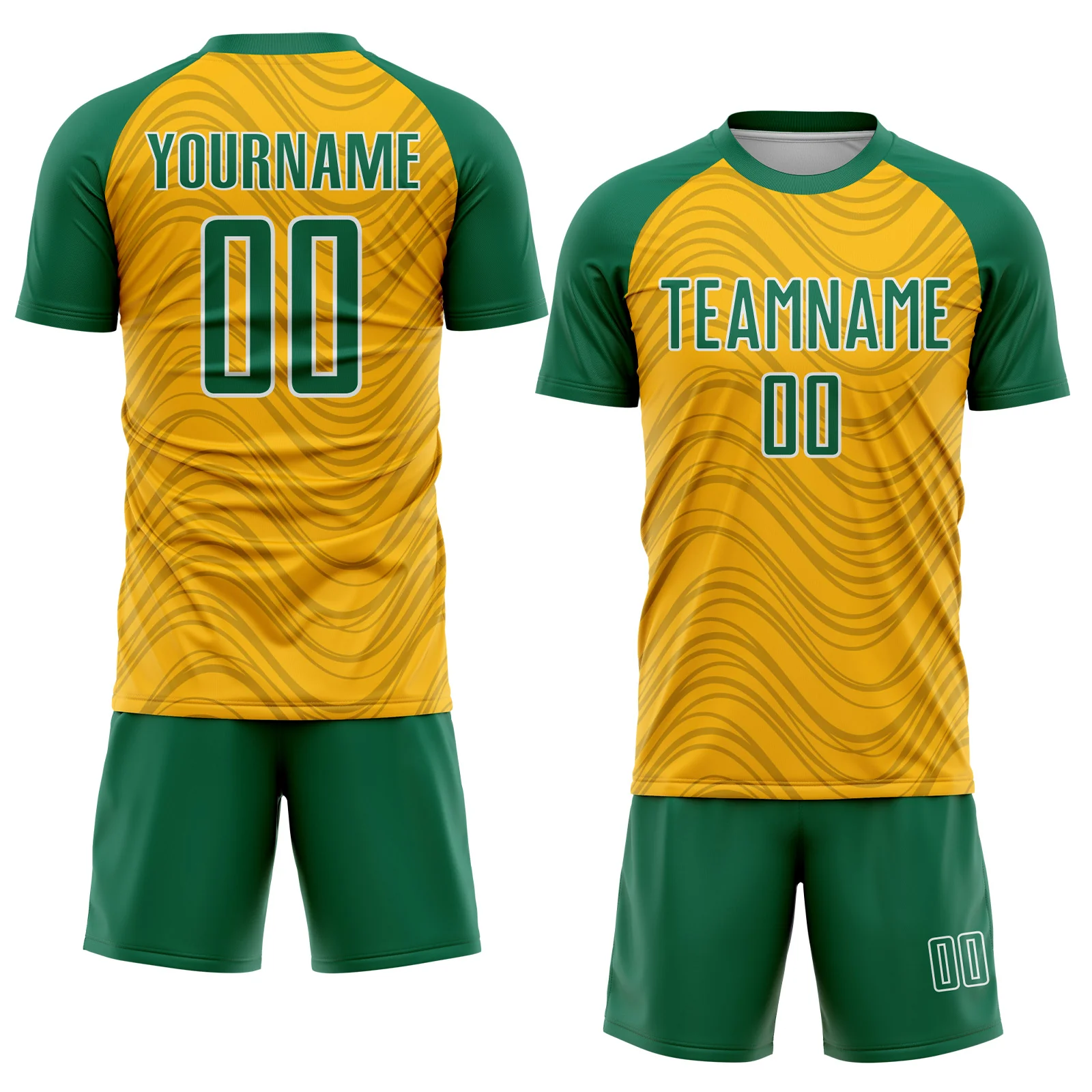 Custom Gold Kelly Green-White Wavy Lines Sports Sublimation Soccer Uniform Jersey - Image 2
