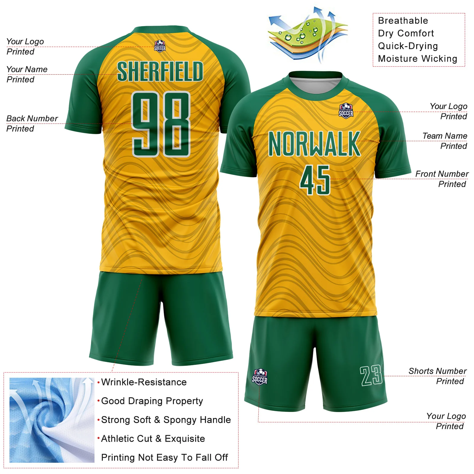 Custom Gold Kelly Green-White Wavy Lines Sports Sublimation Soccer Uniform Jersey - Image 4
