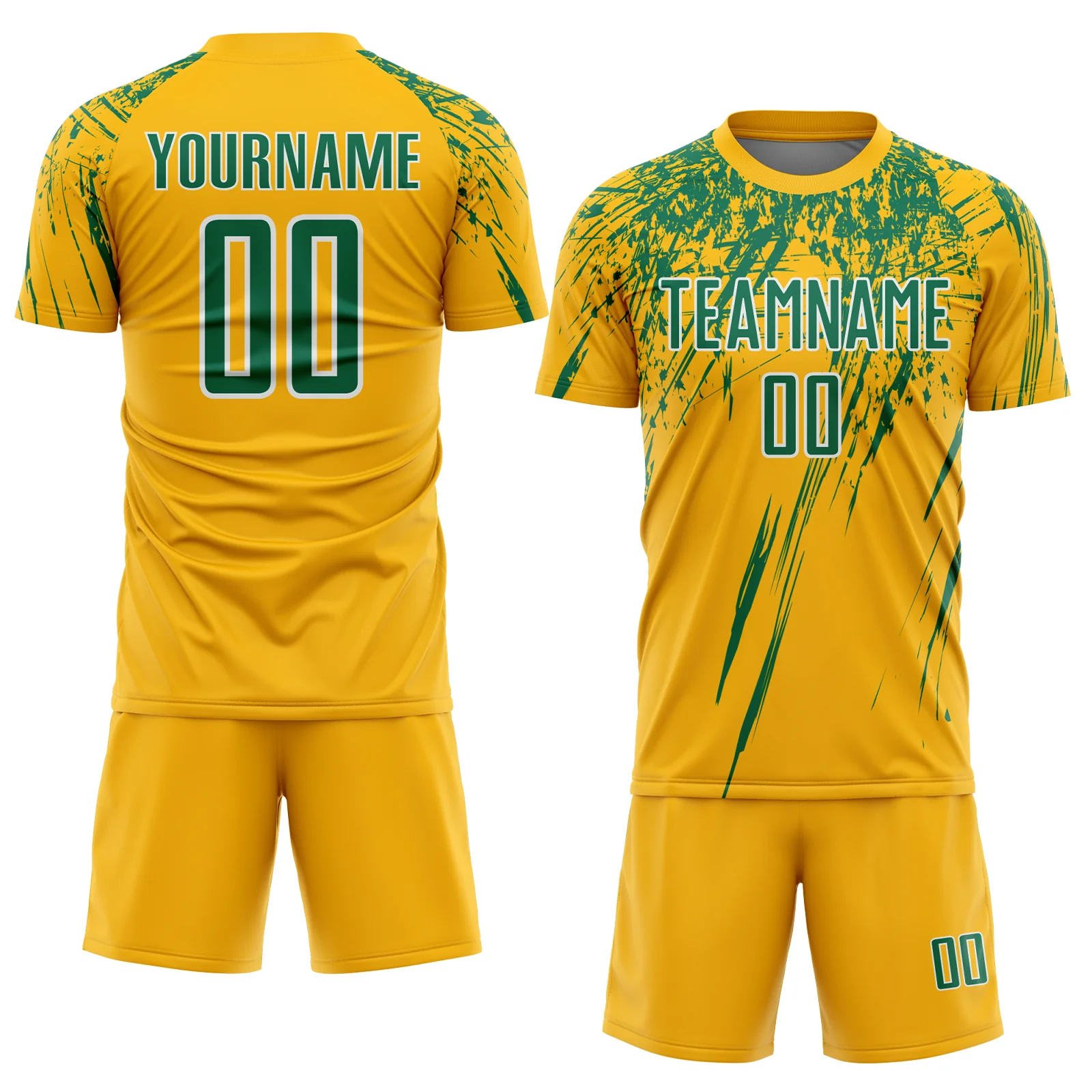 Custom Gold Kelly Green-White Splash Sports Sublimation Soccer Uniform Jersey - Image 2