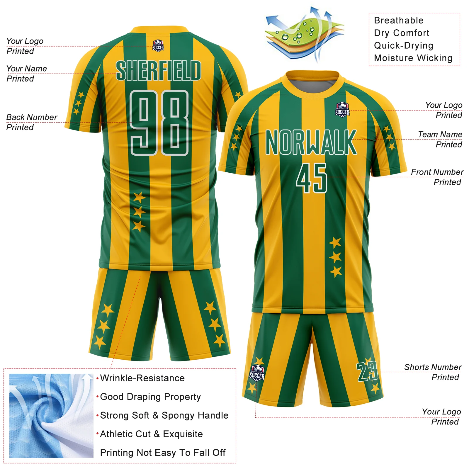 Custom Gold Kelly Green-White Stars And Stripes Sports Sublimation Soccer Uniform Jersey - Image 4