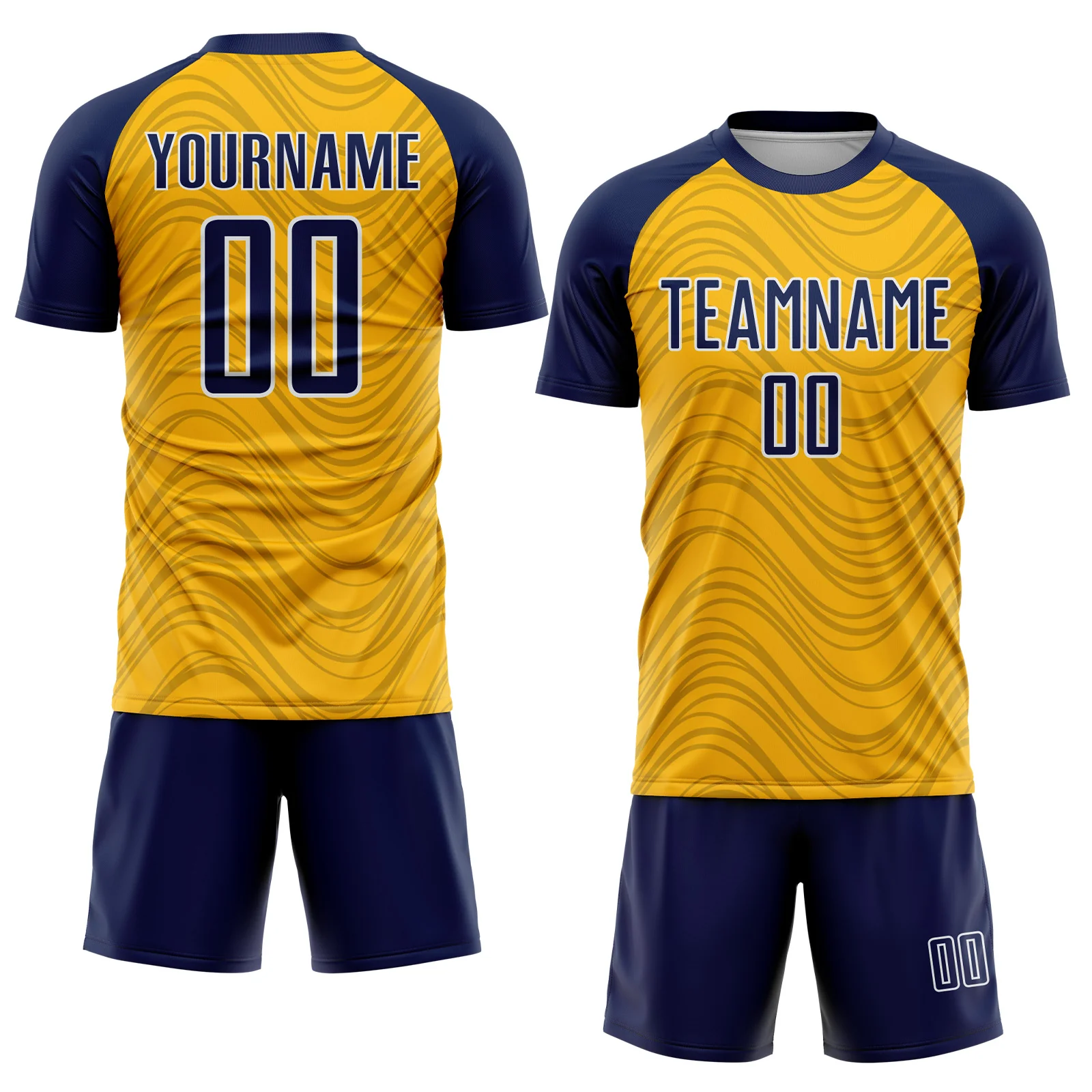Custom Gold Navy-White Wavy Lines Sports Sublimation Soccer Uniform Jersey - Image 2
