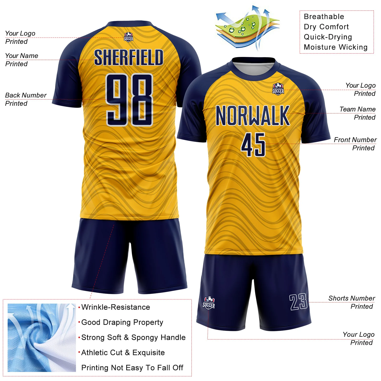 Custom Gold Navy-White Wavy Lines Sports Sublimation Soccer Uniform Jersey - Image 4