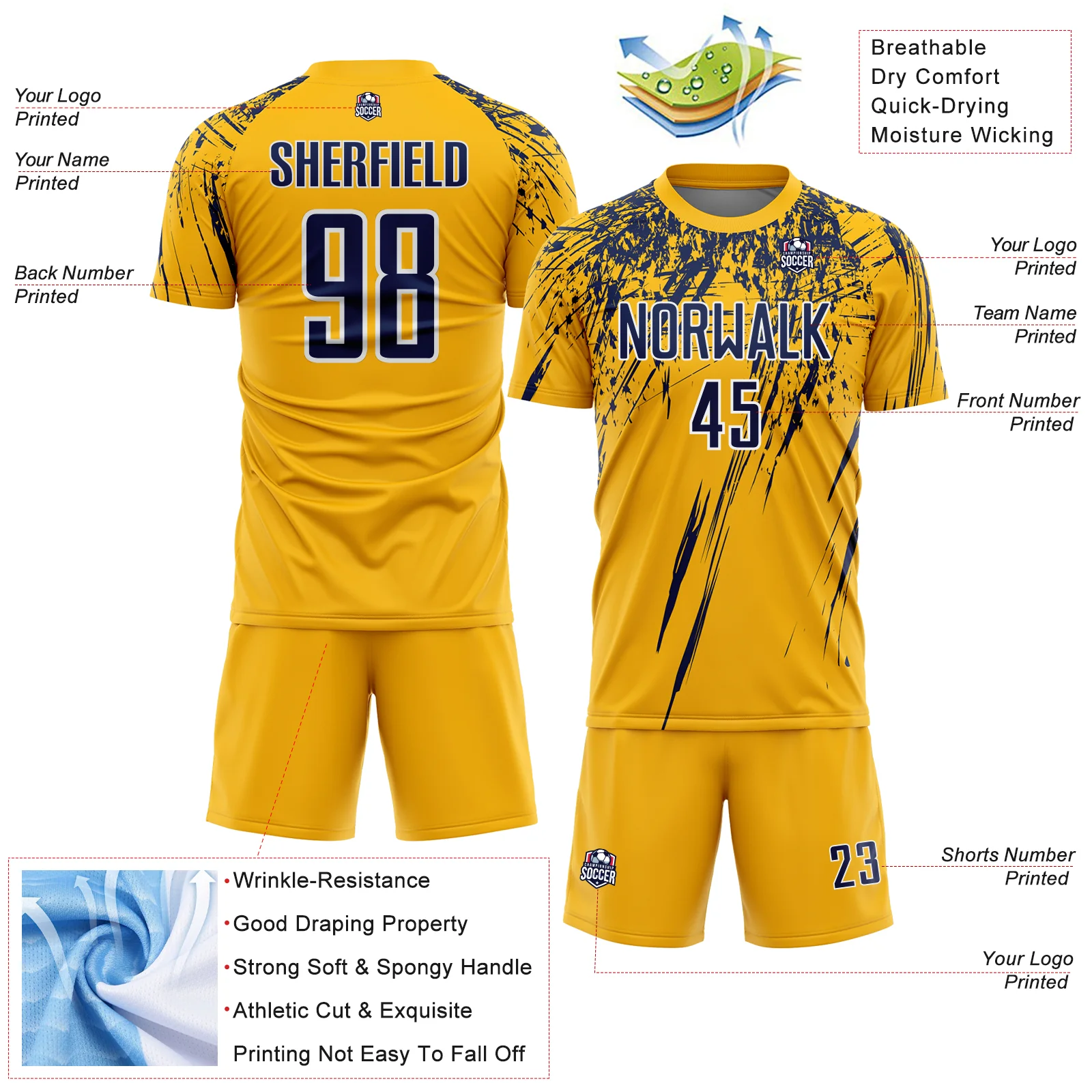 Custom Gold Navy-White Splash Sports Sublimation Soccer Uniform Jersey - Image 4