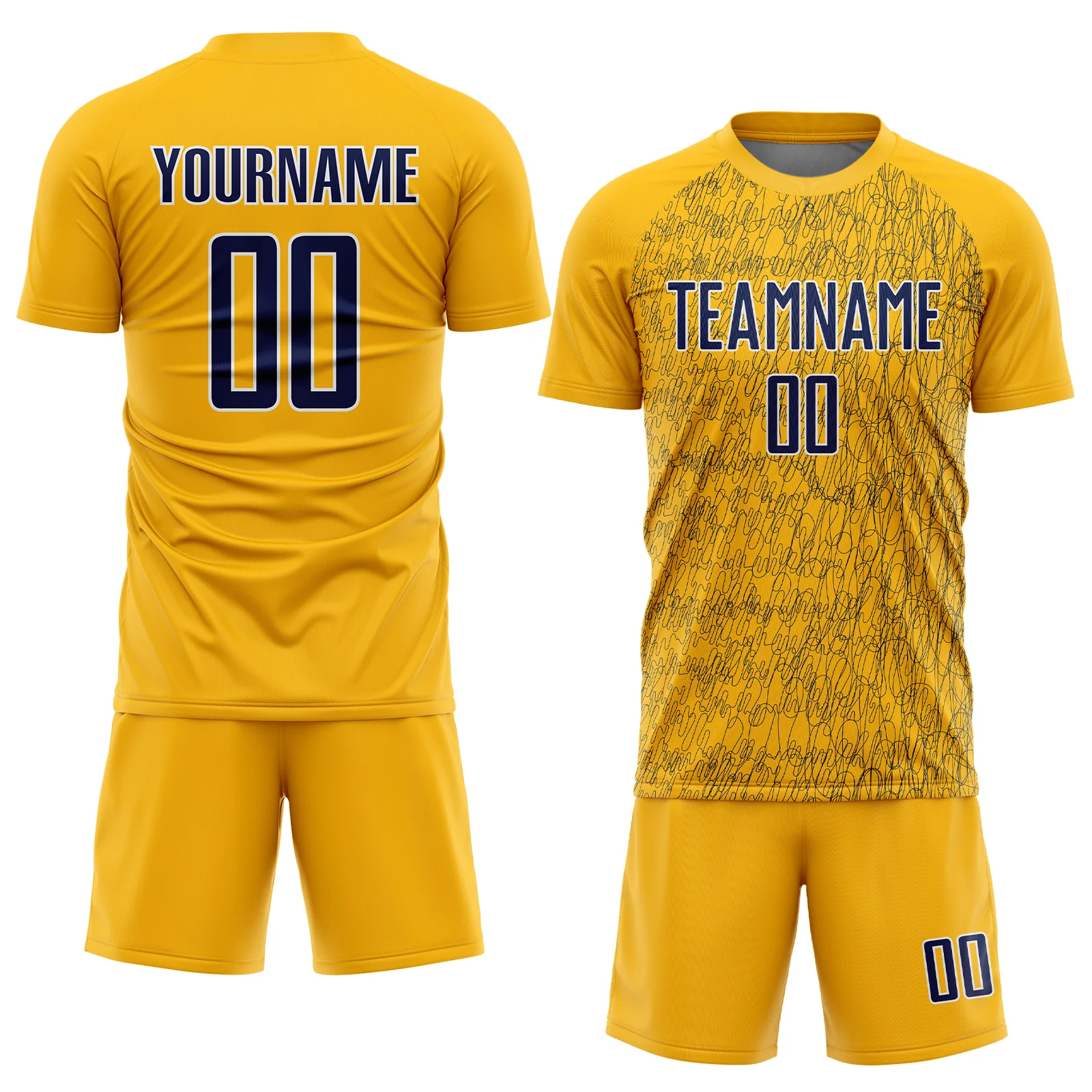 Custom Gold Navy-White Abstract Scribble Curve Line Pattern Sports Sublimation Soccer Uniform Jersey - Image 2