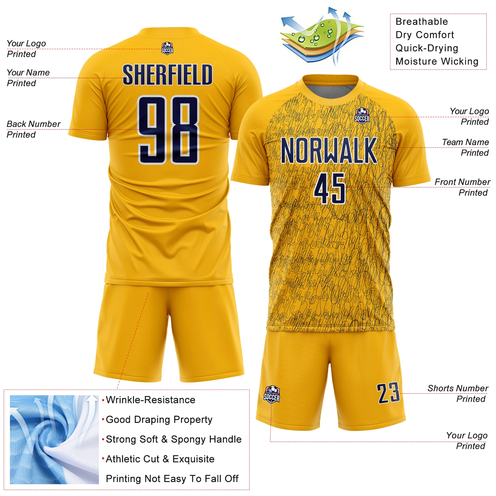 Custom Gold Navy-White Abstract Scribble Curve Line Pattern Sports Sublimation Soccer Uniform Jersey - Image 4