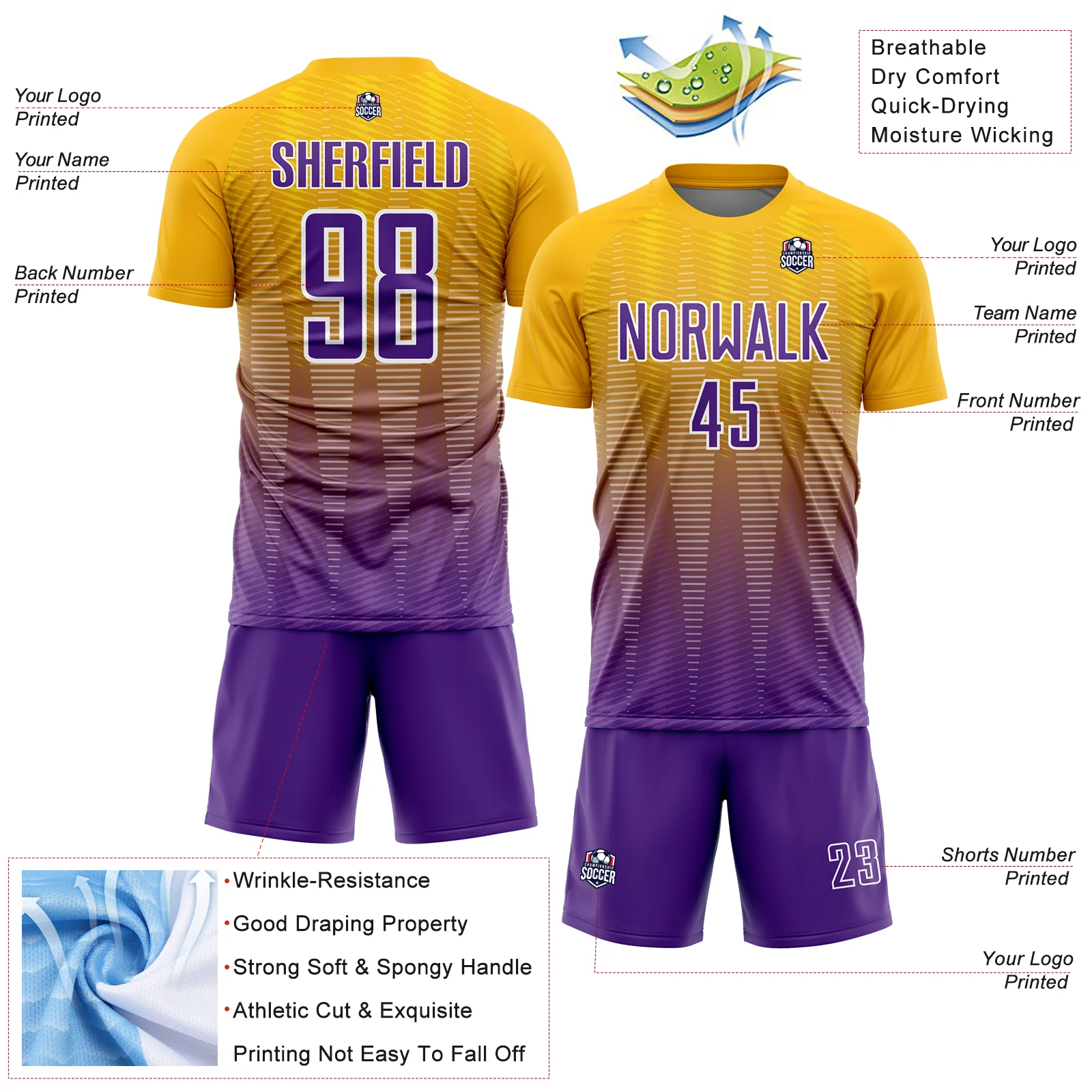 Custom Gold Purple-White Gradient Line Sublimation Soccer Uniform Jersey - Image 4