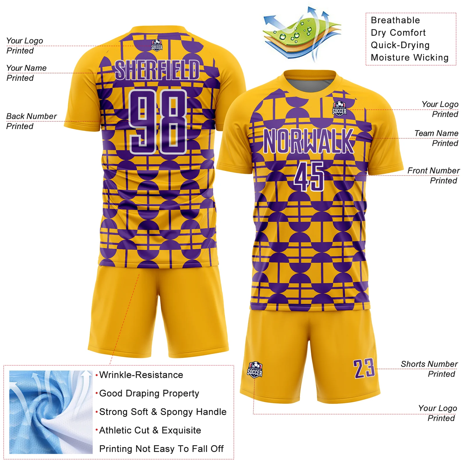 Custom Gold Purple-White Geometric Shapes Sports Sublimation Soccer Uniform Jersey - Image 4