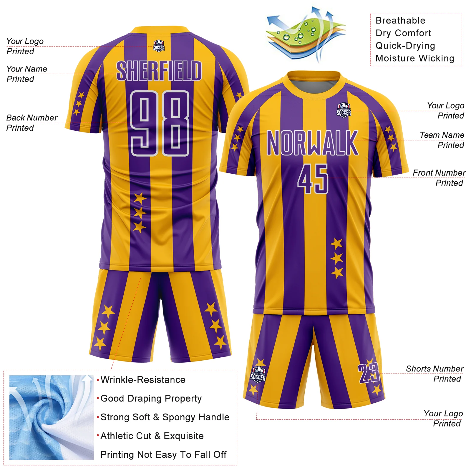 Custom Gold Purple-White Stars And Stripes Sports Sublimation Soccer Uniform Jersey - Image 4