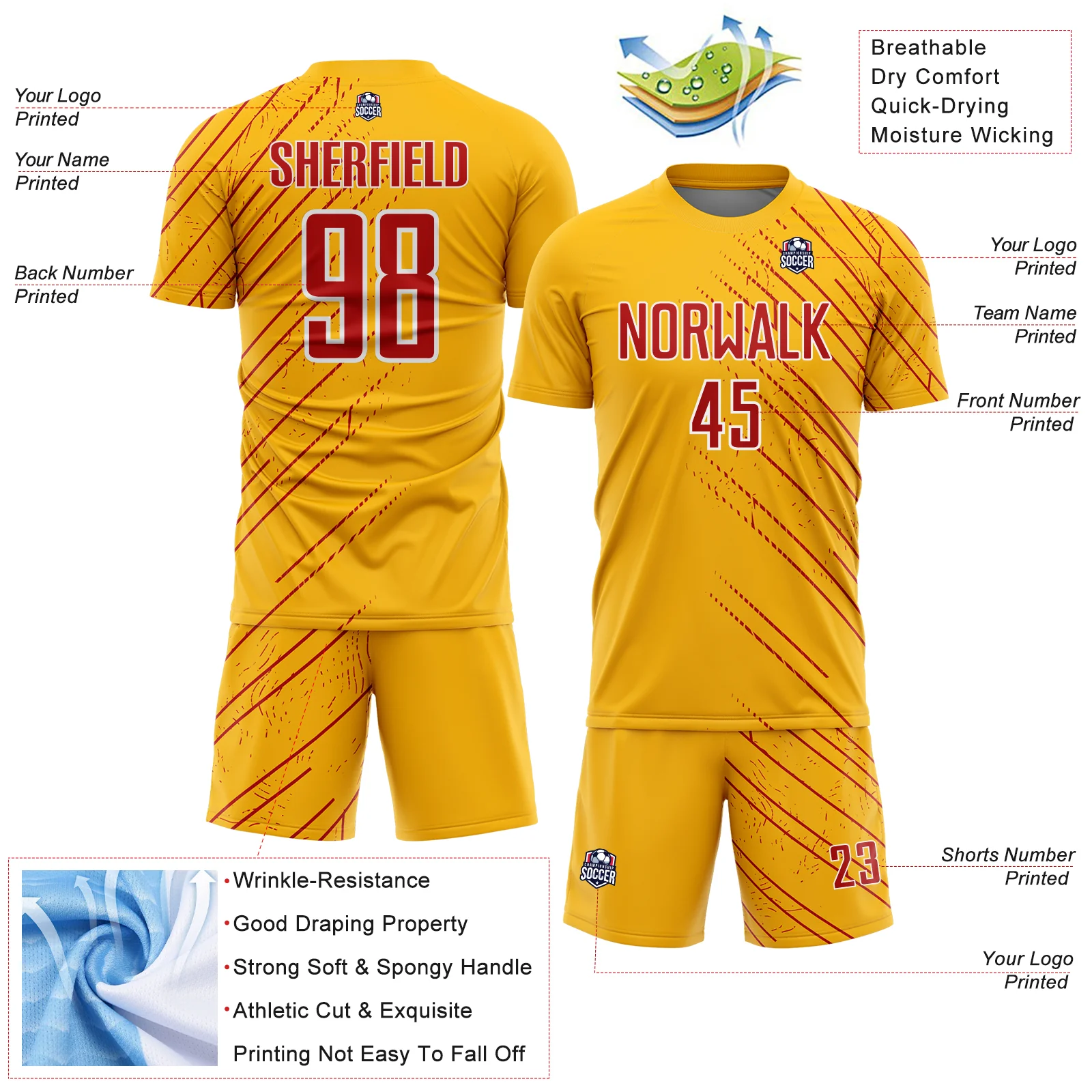 Custom Gold Red-White Lines Sports Sublimation Soccer Uniform Jersey - Image 4