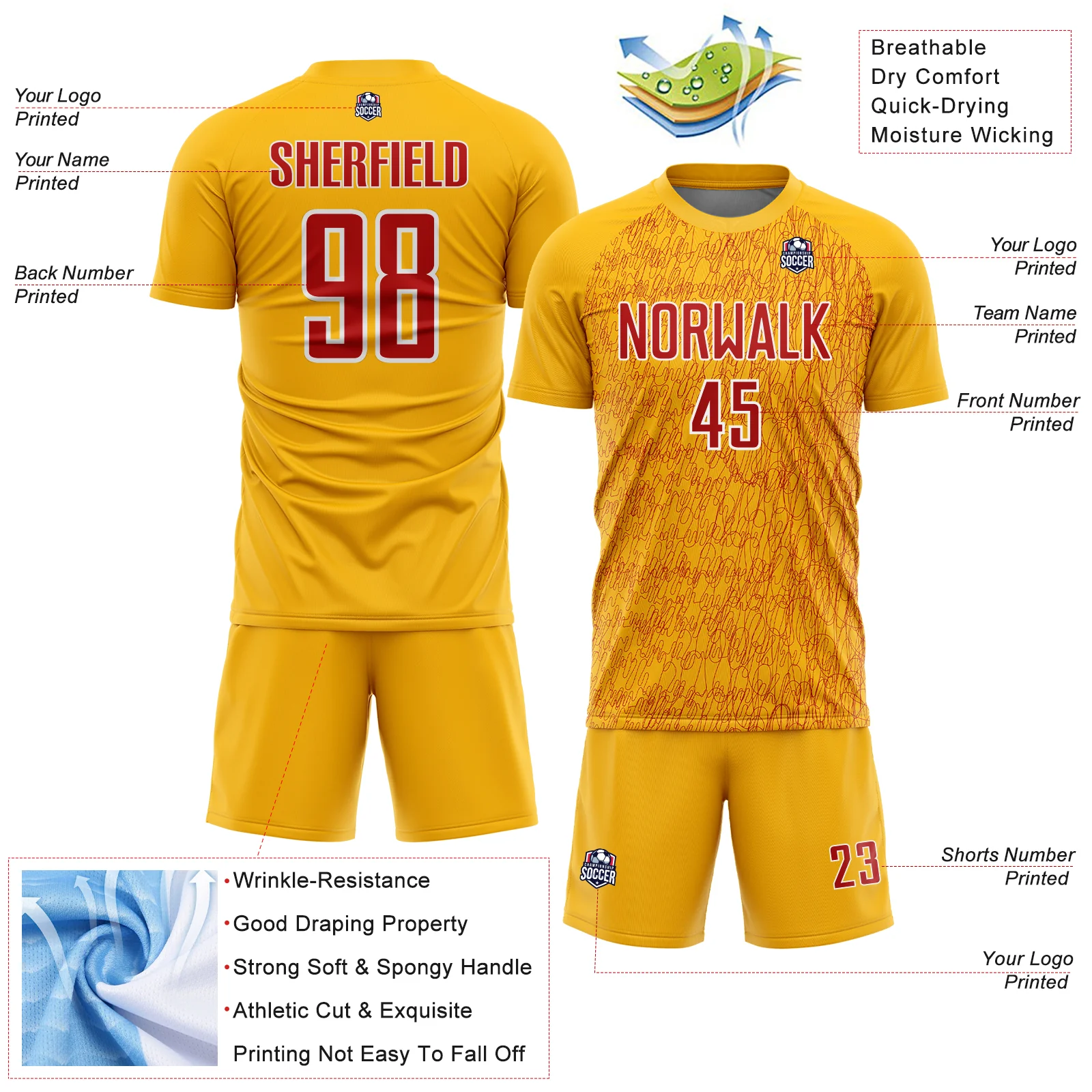 Custom Gold Red-White Abstract Scribble Curve Line Pattern Sports Sublimation Soccer Uniform Jersey - Image 4