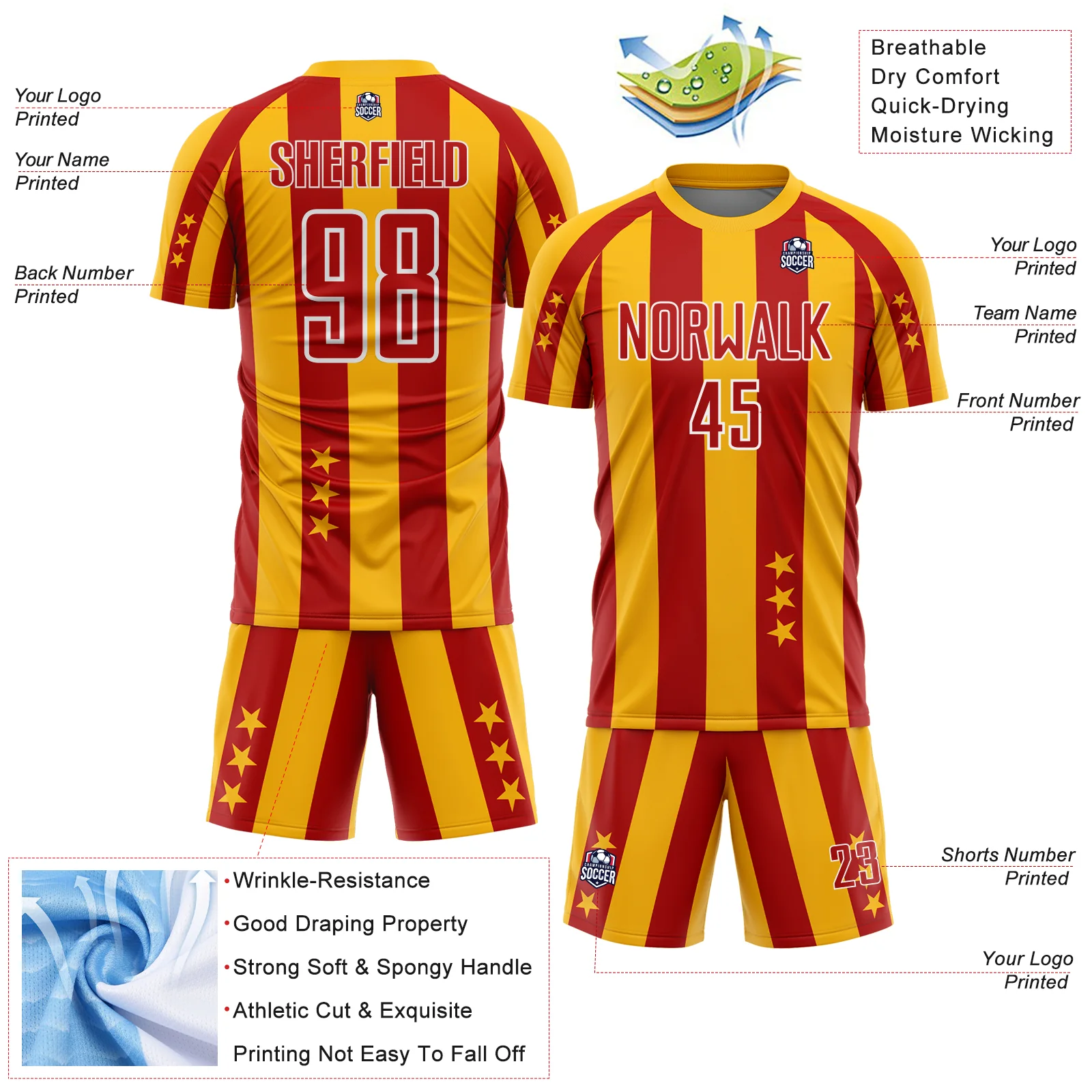 Custom Gold Red-White Stars And Stripes Sports Sublimation Soccer Uniform Jersey - Image 4