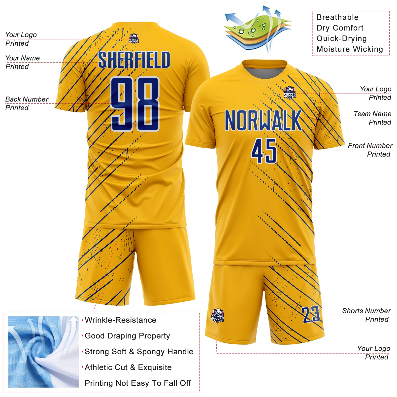 Custom Gold Royal-White Lines Sports Sublimation Soccer Uniform Jersey - Image 4
