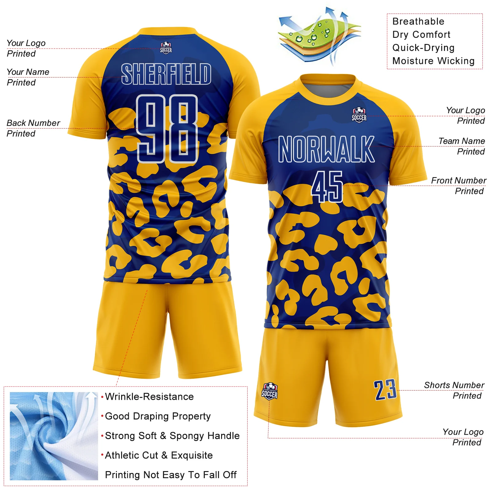 Custom Gold Royal-White Animal Leopard Print Sports Sublimation Soccer Uniform Jersey - Image 4