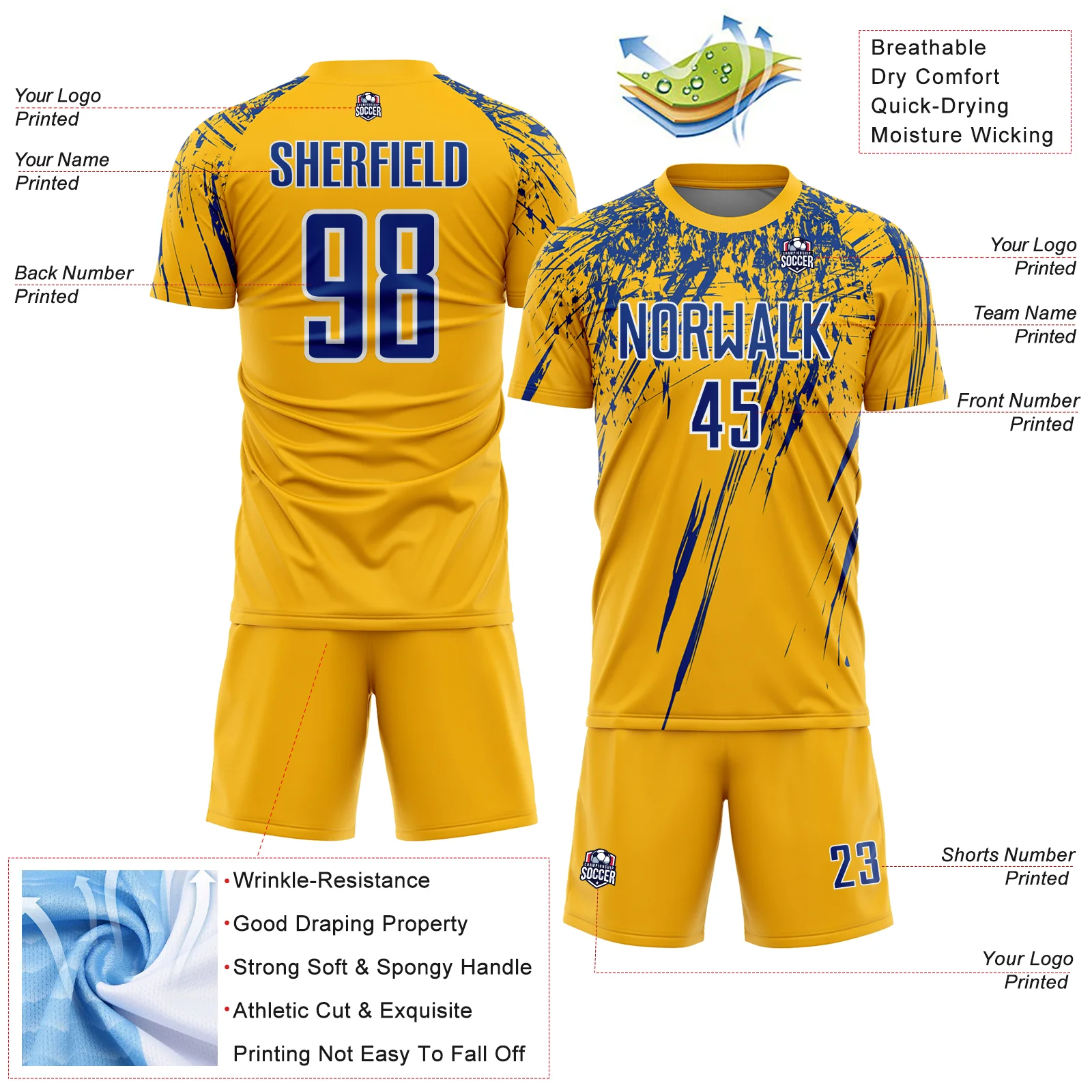 Custom Gold Royal-White Splash Sports Sublimation Soccer Uniform Jersey - Image 4
