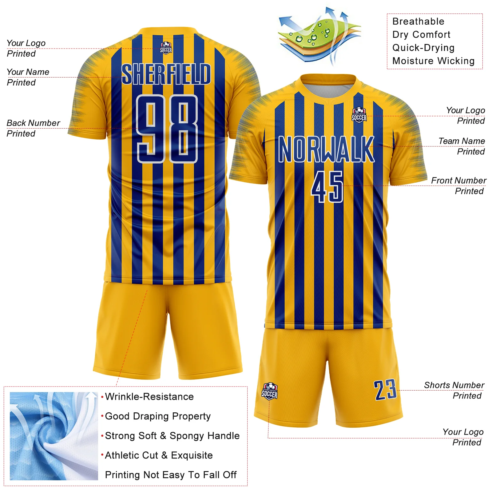 Custom Gold Royal-White Stripe Sports Sublimation Soccer Uniform Jersey - Image 4